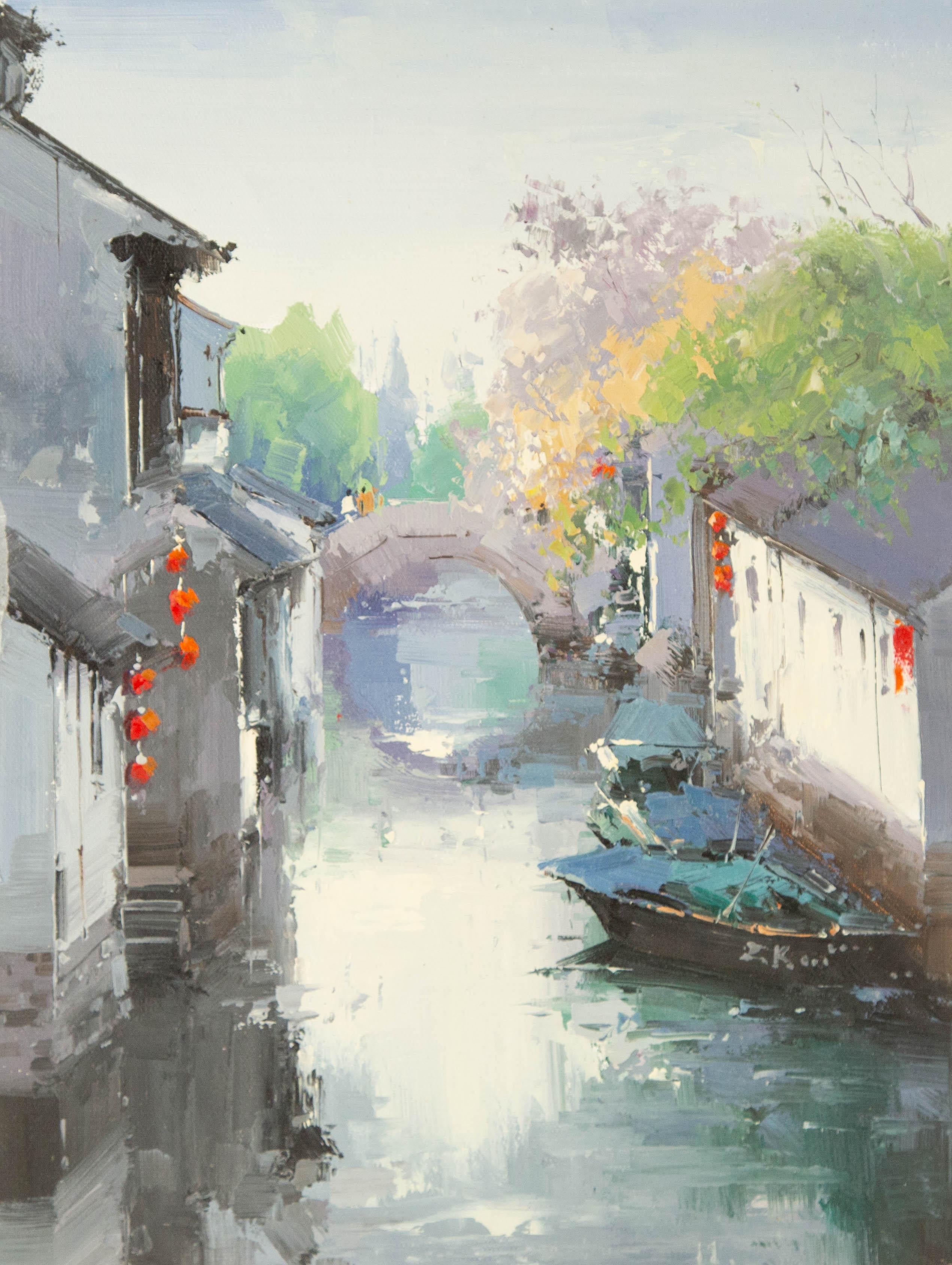 Zhikai Zhou Wasserlandschaft Original Öl auf Leinwand "Jiangnan I"