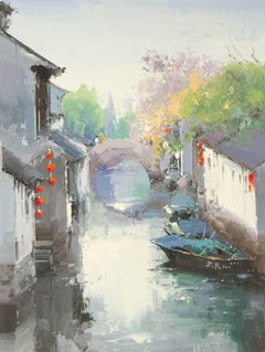 Zhikai Zhou Paisaje acuático Óleo original sobre lienzo "Jiangnan I"