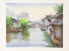 Zhikai Zhou Paisaje acuático Óleo original sobre lienzo "Jiangnan III"