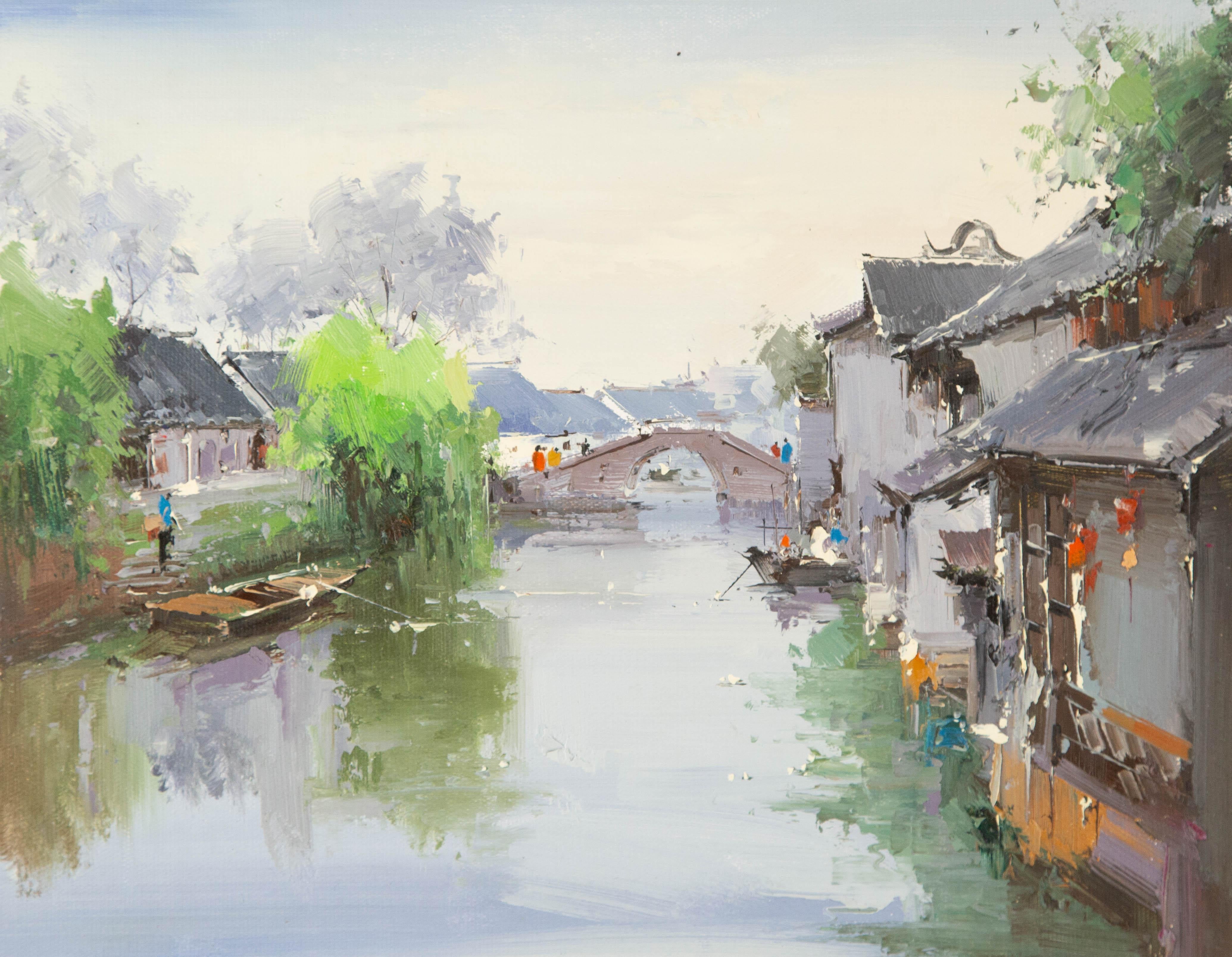 Zhikai Zhou Wasserlandschaft Original Öl auf Leinwand "Jiangnan III"