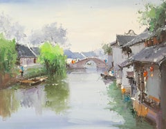 Zhikai Zhou Wasserlandschaft Original Öl auf Leinwand "Jiangnan III"