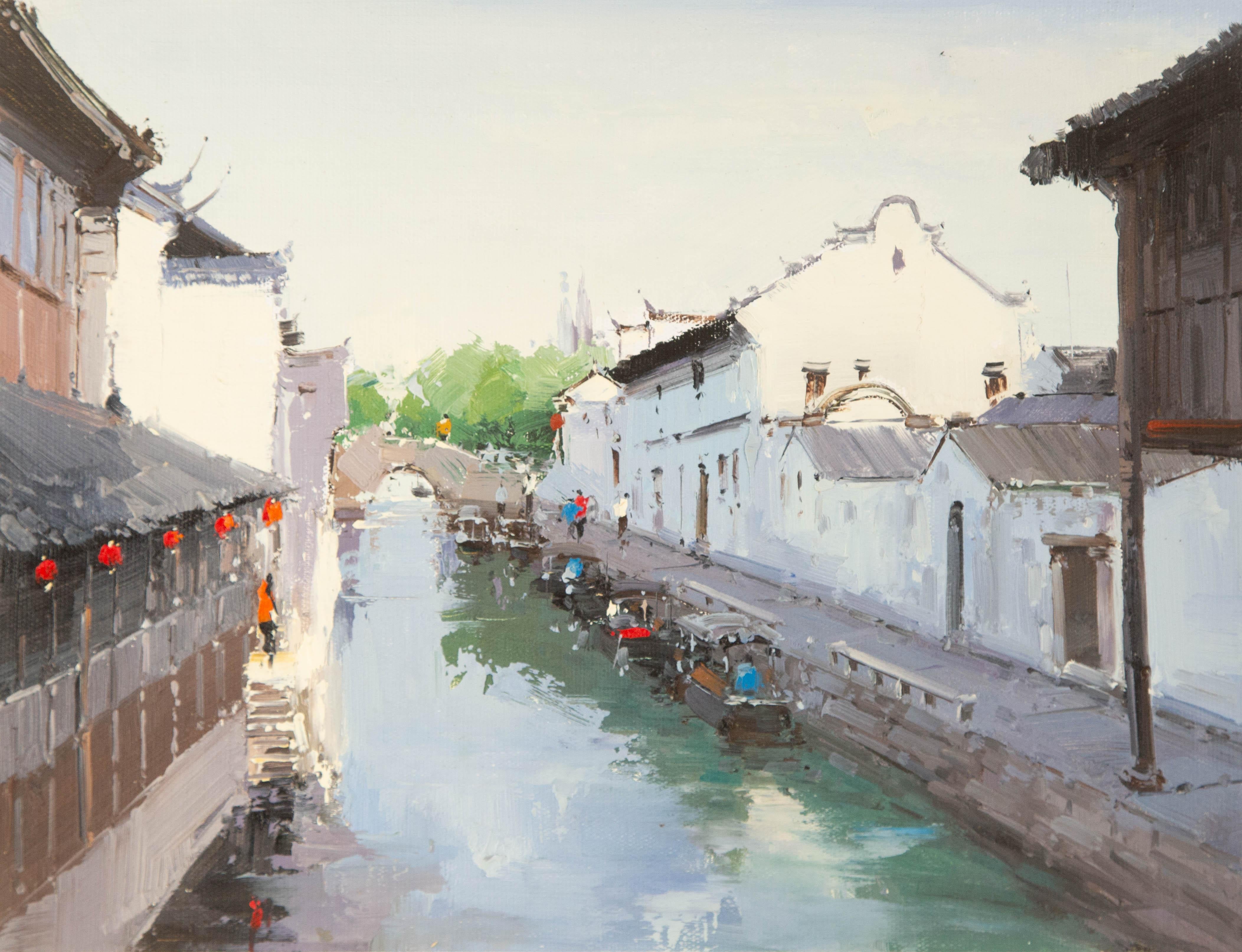 Zhikai Zhou Wasserlandschaft Original Öl auf Leinwand "Jiangnan IV"