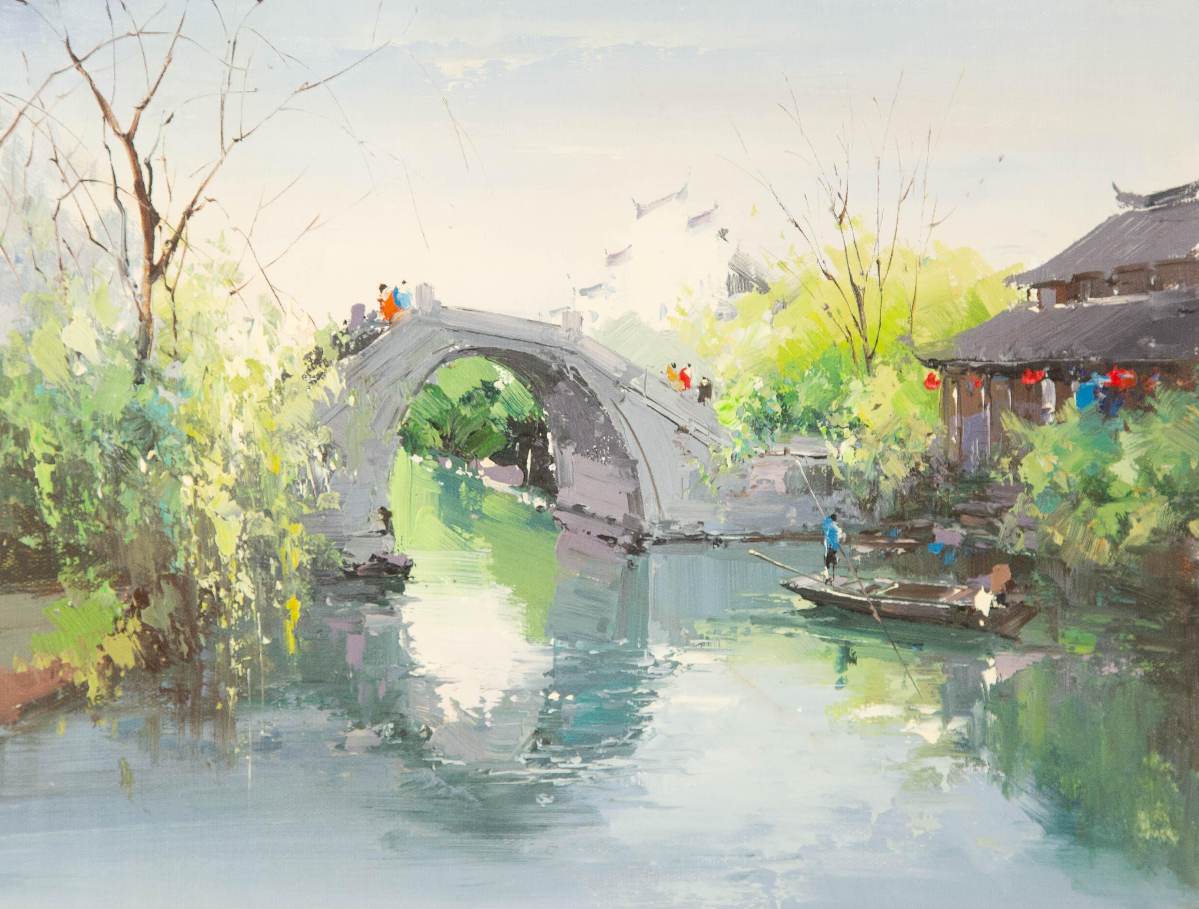 Zhikai Zhou Wasserlandschaft Original Öl auf Leinwand "Jiangnan V"