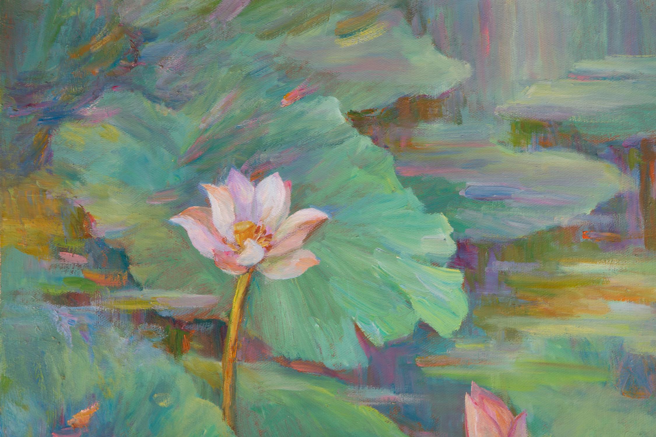 Title: Lost Beauty - Lotus
 Medium: Oil on canvas
 Size: 23.75 x 19.5 inches
 Frame: Framing options available!
 Condition: The painting appears to be in excellent condition.
 Note: This painting is unstretched
 Year: N/A
 Artist: ZhiQin Yu
