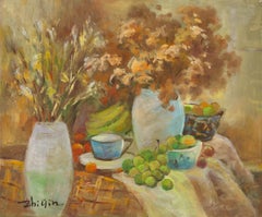 Zhiqin Yu Bodegón Óleo Original Sobre Lienzo "Flor Y Frutas"