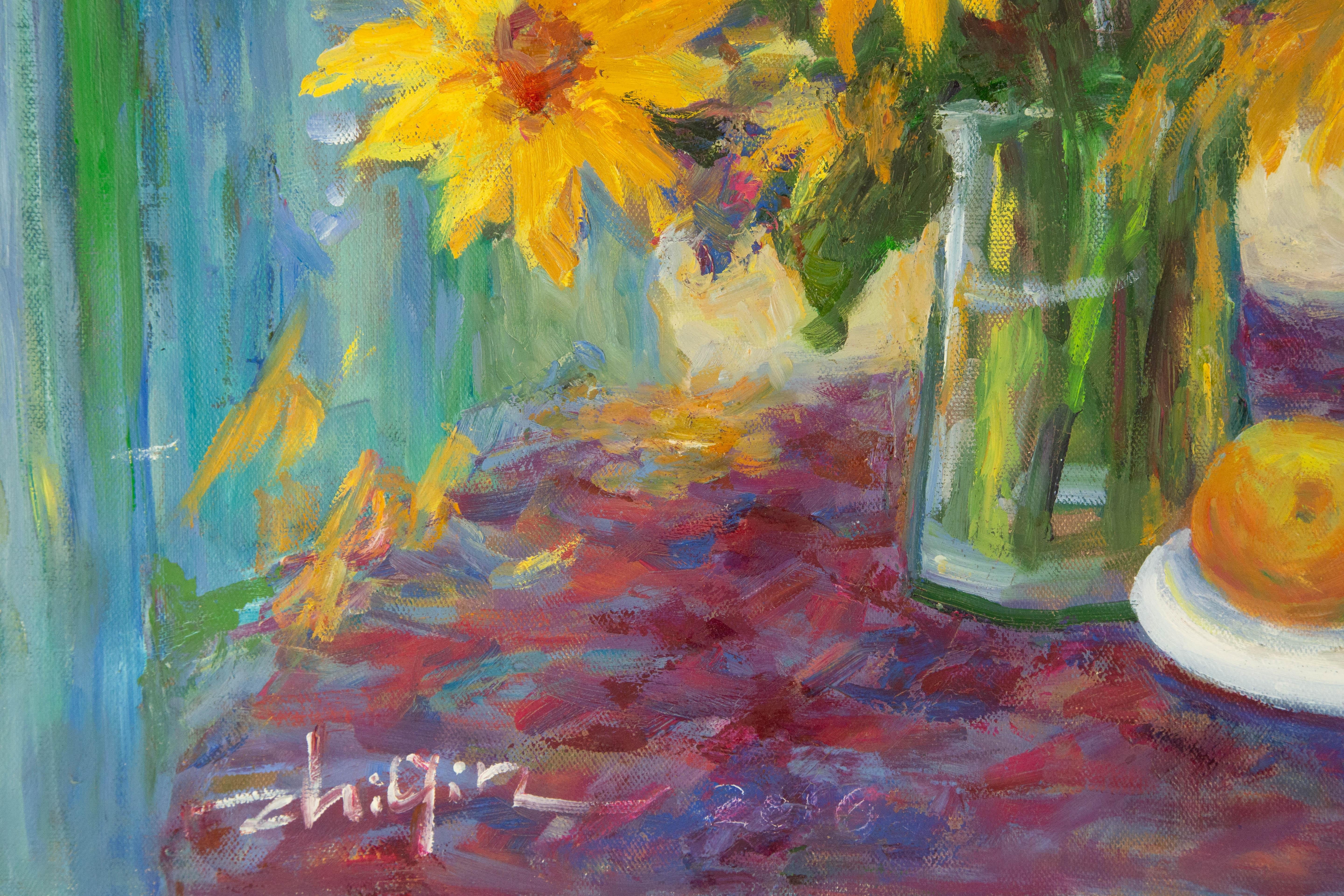 Zhiqin Yu Stillleben Original Ölgemälde auf Leinwand „Flower Near the Window“ (Braun), Still-Life Painting, von ZhiQin Yu