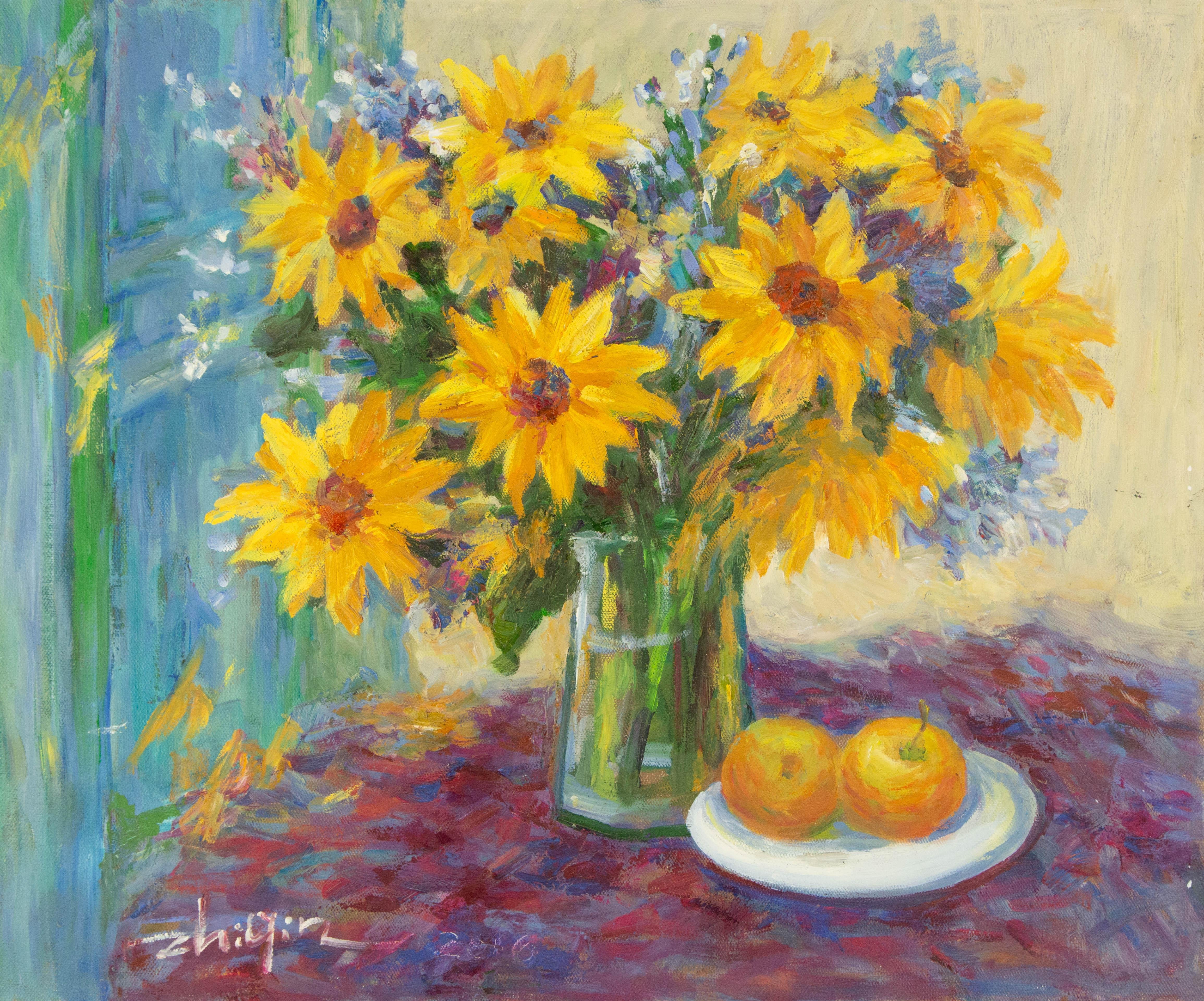 ZhiQin Yu Still-Life Painting – Zhiqin Yu Stillleben Original Ölgemälde auf Leinwand „Flower Near the Window“