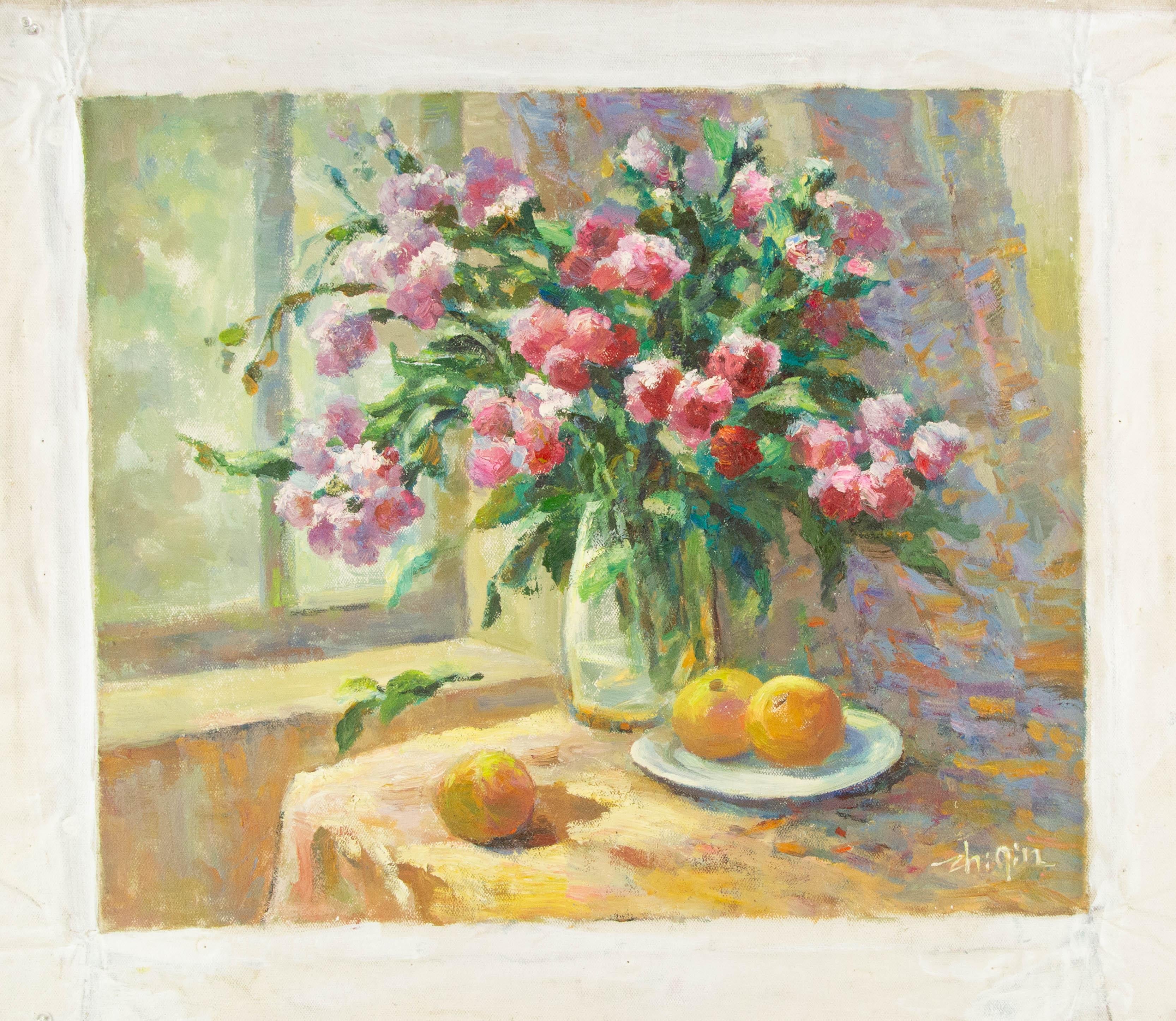 Zhiqin Yu Stillleben Original Ölgemälde auf Leinwand „Little Flowers“ im Angebot 4