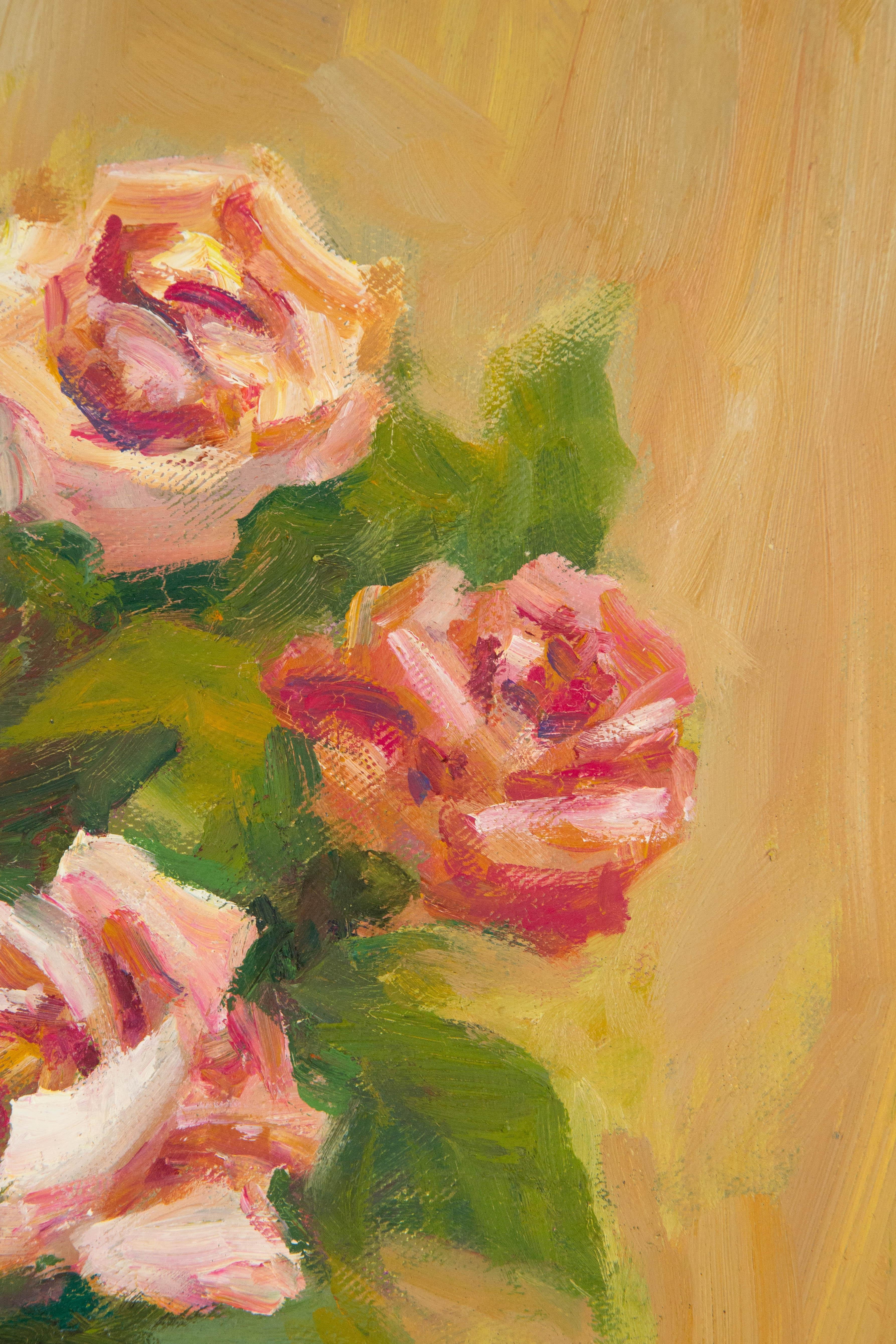  Title: Rose and Peach
 Medium: Oil on canvas
 Size: 19 x 23.5 inches
 Frame: Framing options available!
 Condition: The painting appears to be in excellent condition.
 Note: This painting is unstretched
 Year: 2000 Circa
 Artist: Zhiqin Yu
