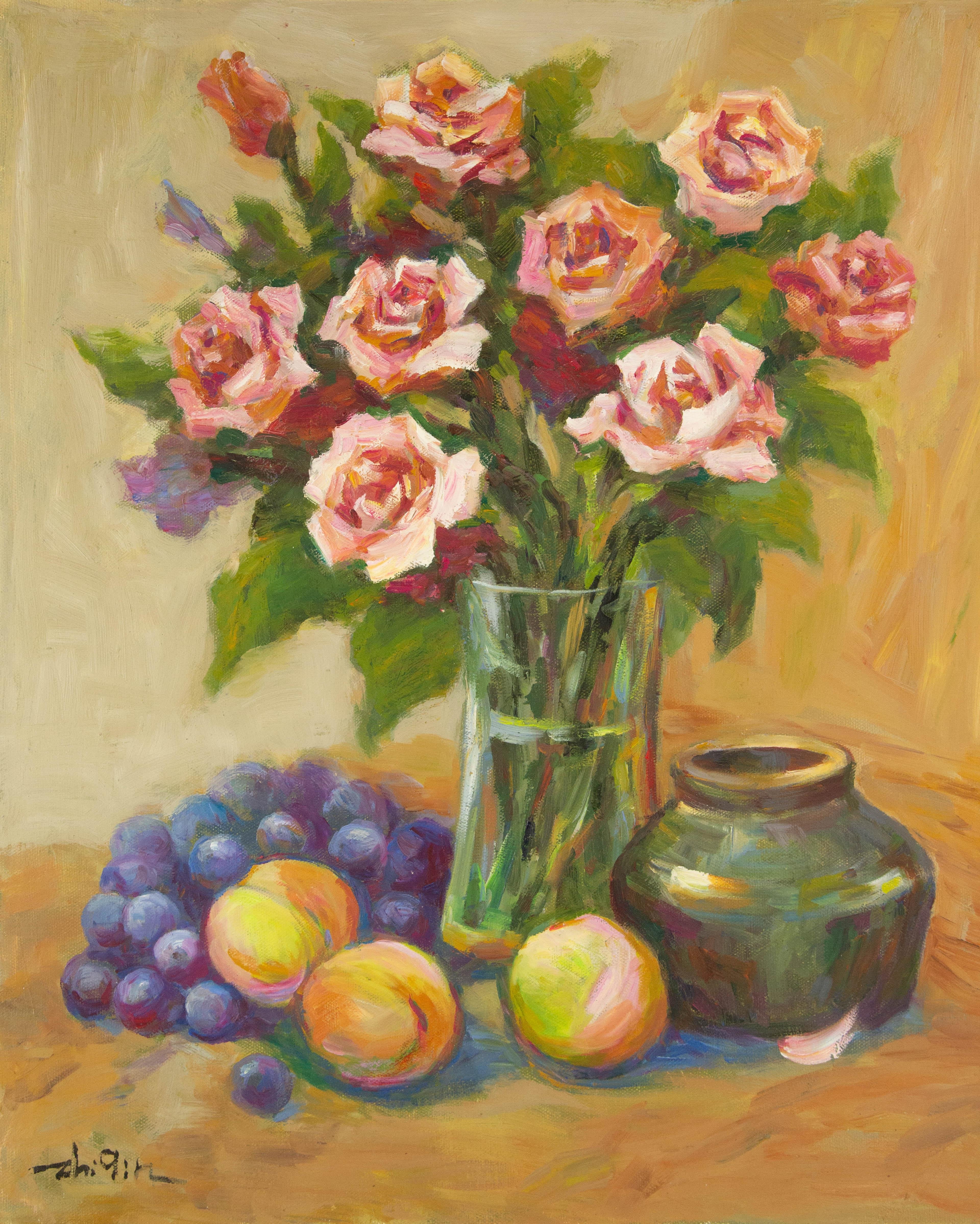 ZhiQin Yu Still-Life Painting - Zhiqin Yu Still Life Original Oil On Canvas "Rose and Peach"