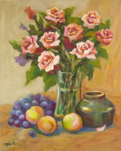 Zhiqin Yu Still Life Original Oil On Canvas "Rose and Peach"