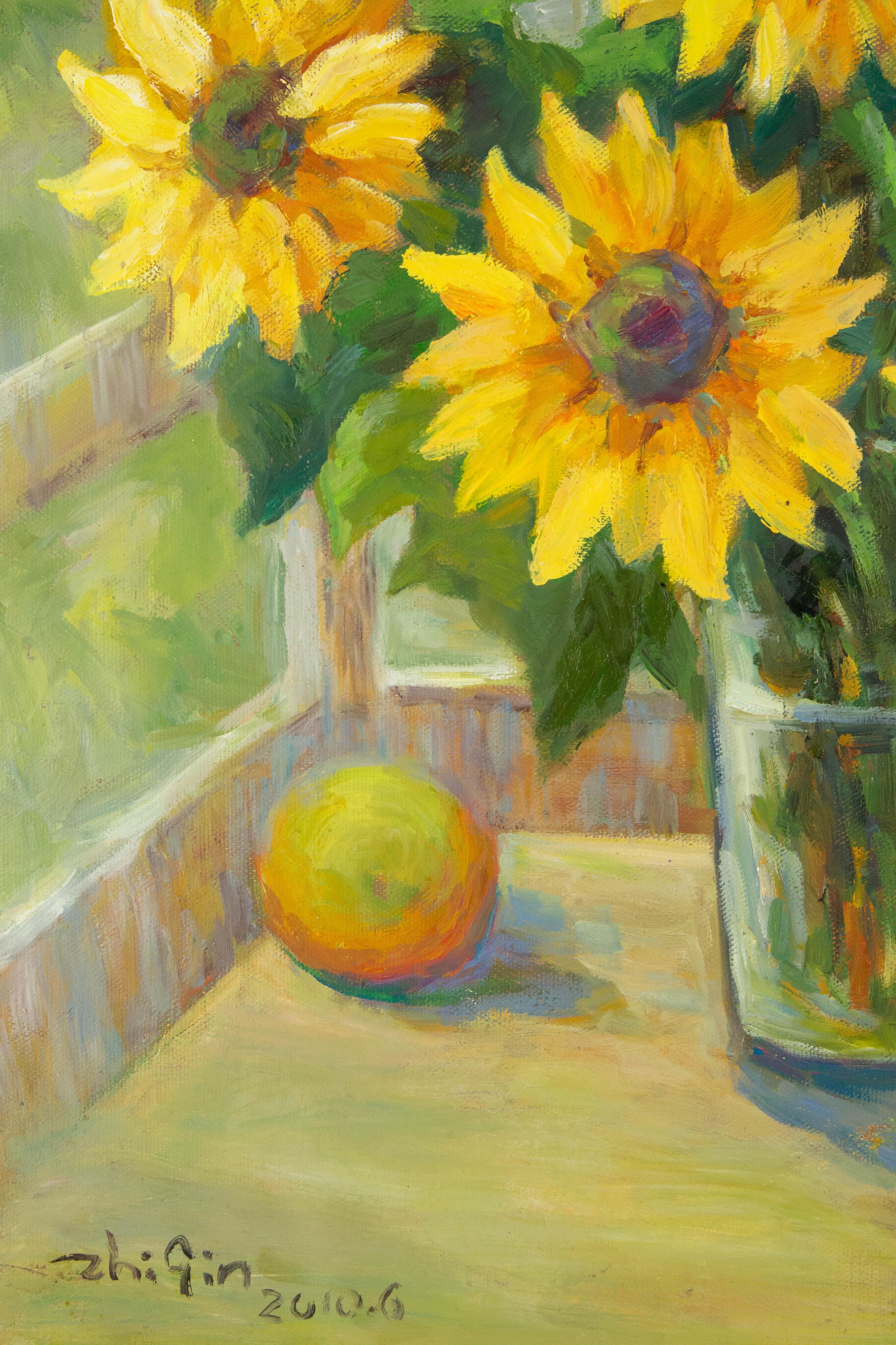 Zhiqin Yu Stillleben Original Ölgemälde auf Leinwand „Sonnenblume in der Nähe des Fensters“ (Braun), Still-Life Painting, von ZhiQin Yu