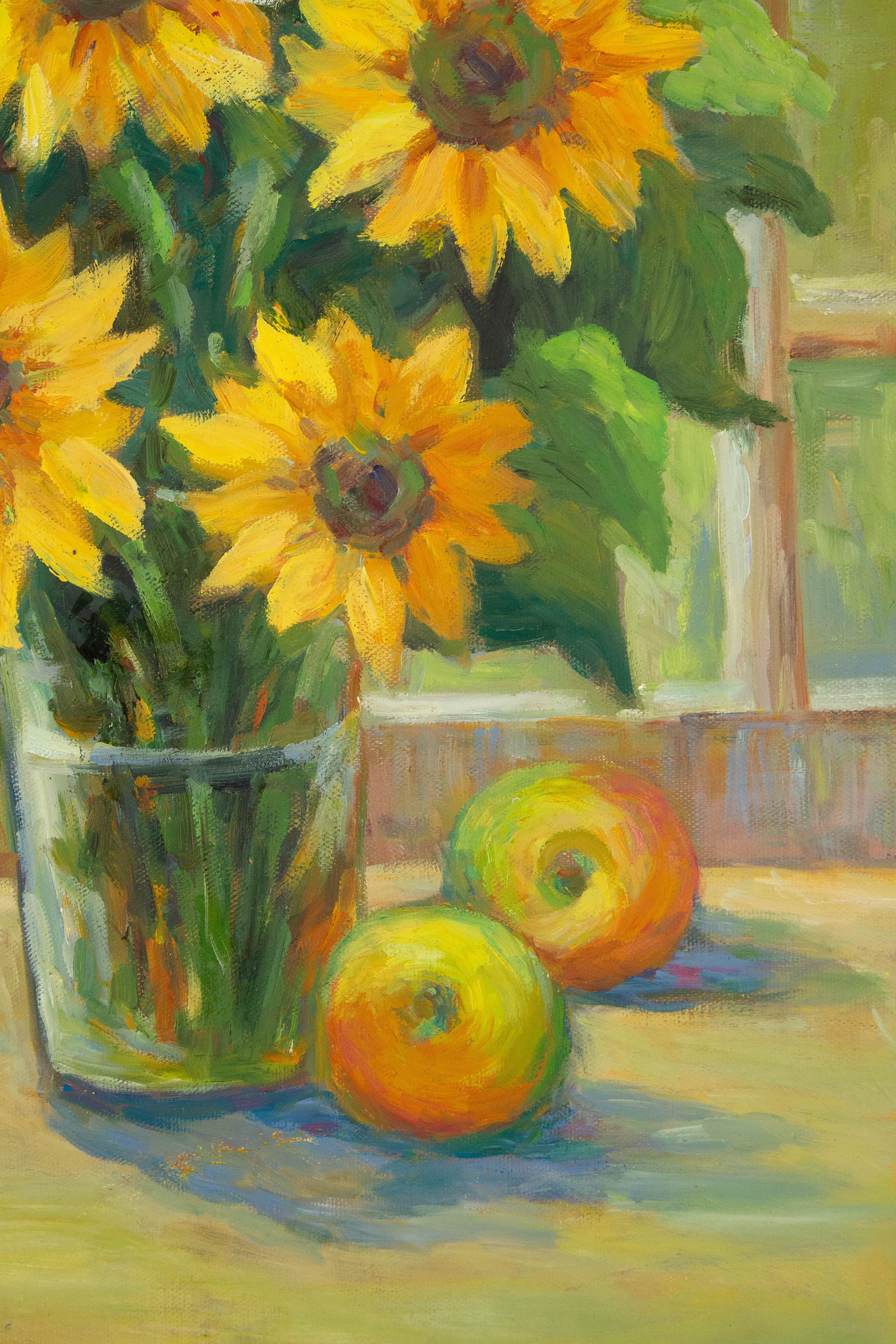  Titel: Sonnenblume am Fenster
 Medium: Öl auf Leinwand
 Größe: 19 x 23 Zoll
 Rahmen: Einrahmungsmöglichkeiten vorhanden!
 Zustand: Das Gemälde scheint in ausgezeichnetem Zustand zu sein.
 Hinweis: Dieses Gemälde ist nicht aufgespannt.
 Jahr: 2000
