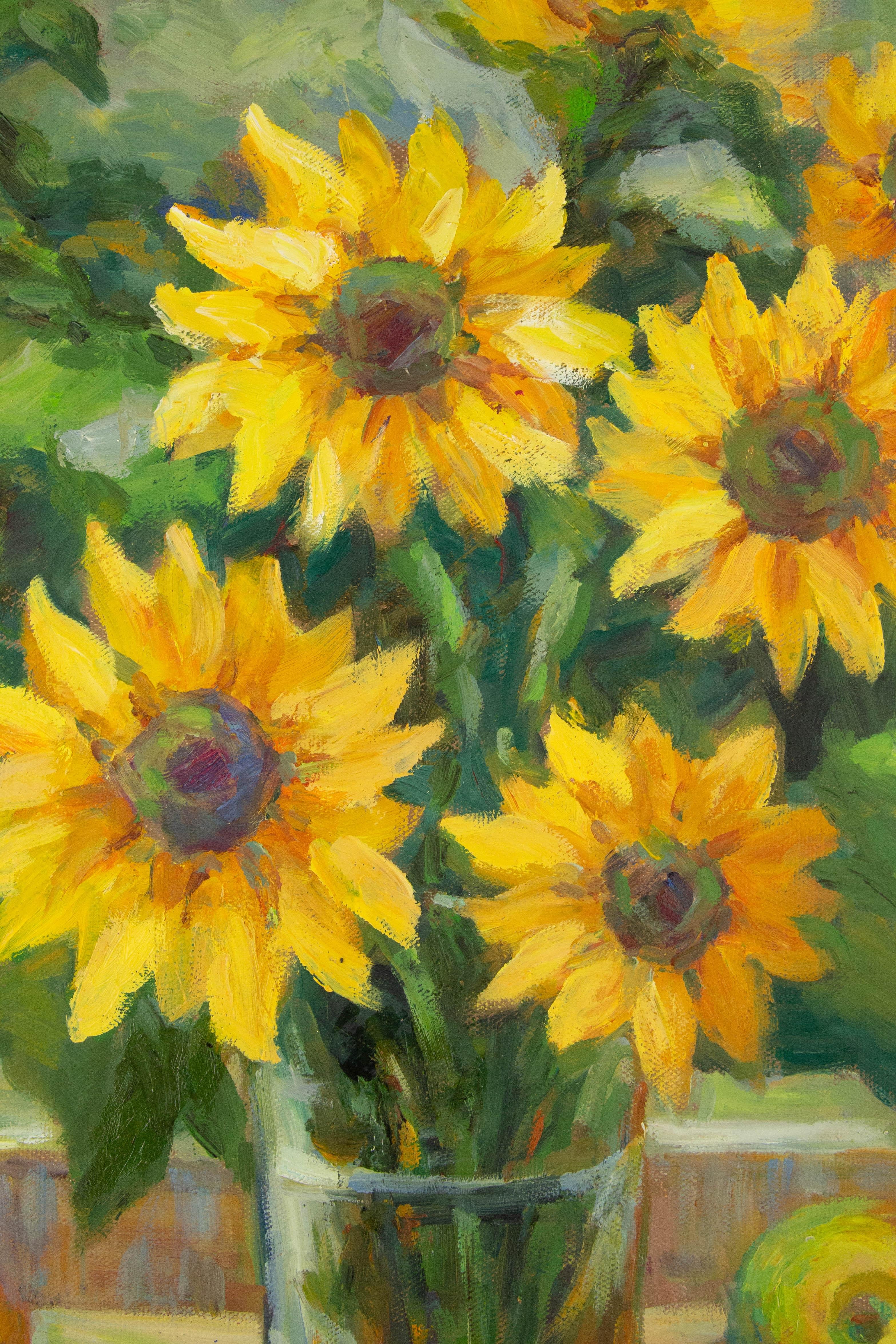 Zhiqin Yu Stillleben Original Ölgemälde auf Leinwand „Sonnenblume in der Nähe des Fensters“ im Angebot 1