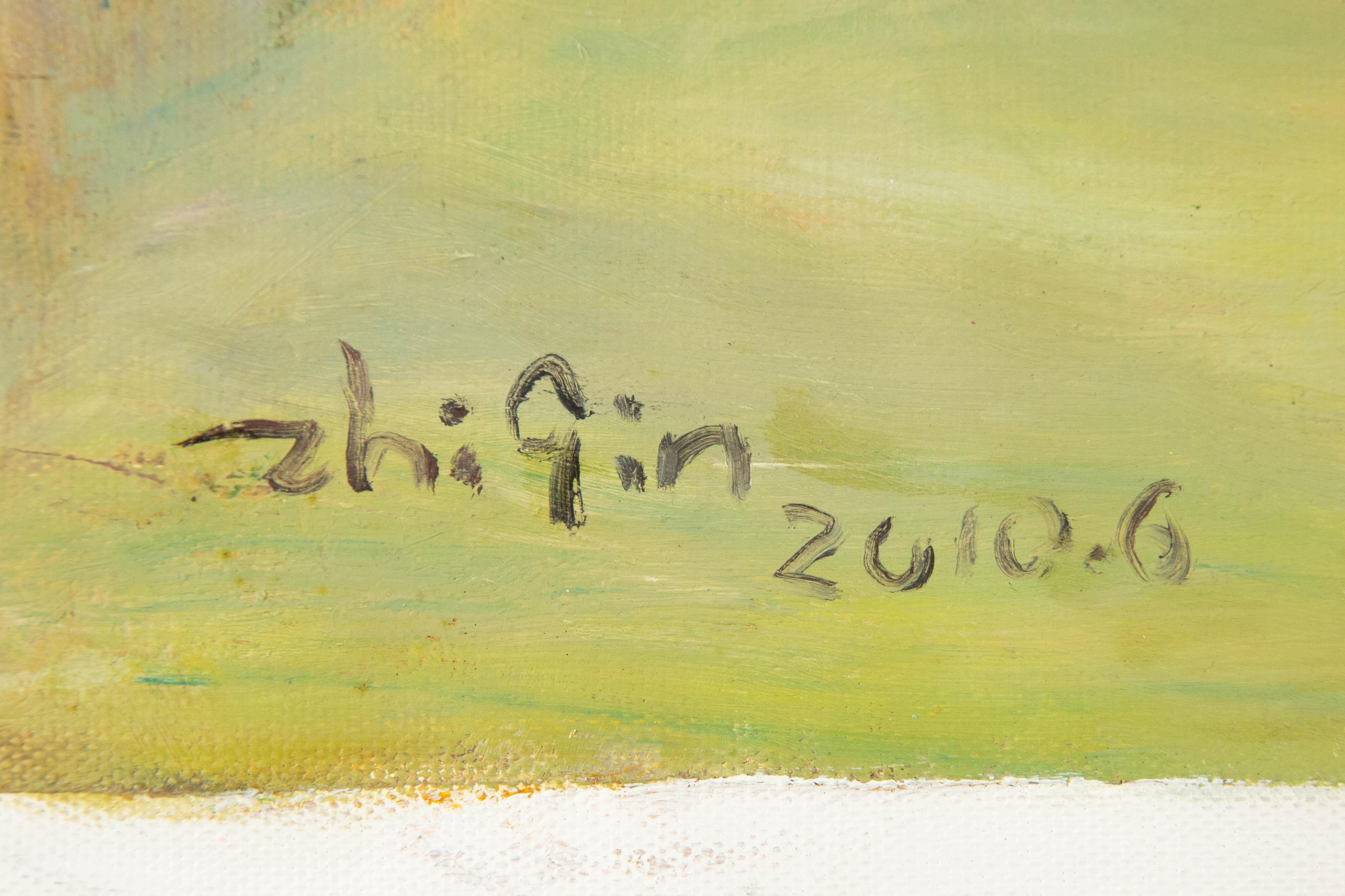 Zhiqin Yu Stillleben Original Ölgemälde auf Leinwand „Sonnenblume in der Nähe des Fensters“ im Angebot 2