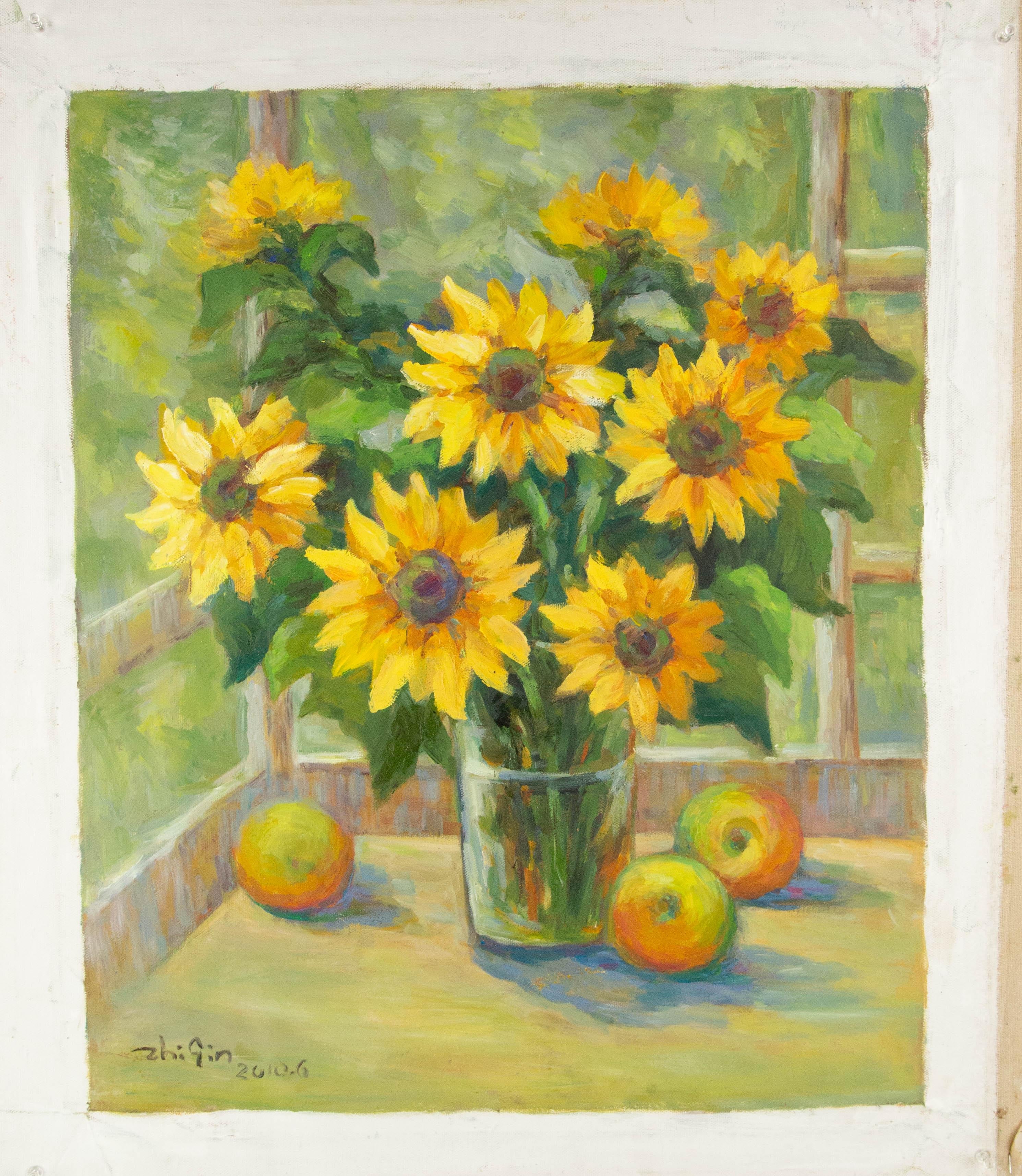 Zhiqin Yu Stillleben Original Ölgemälde auf Leinwand „Sonnenblume in der Nähe des Fensters“ im Angebot 3