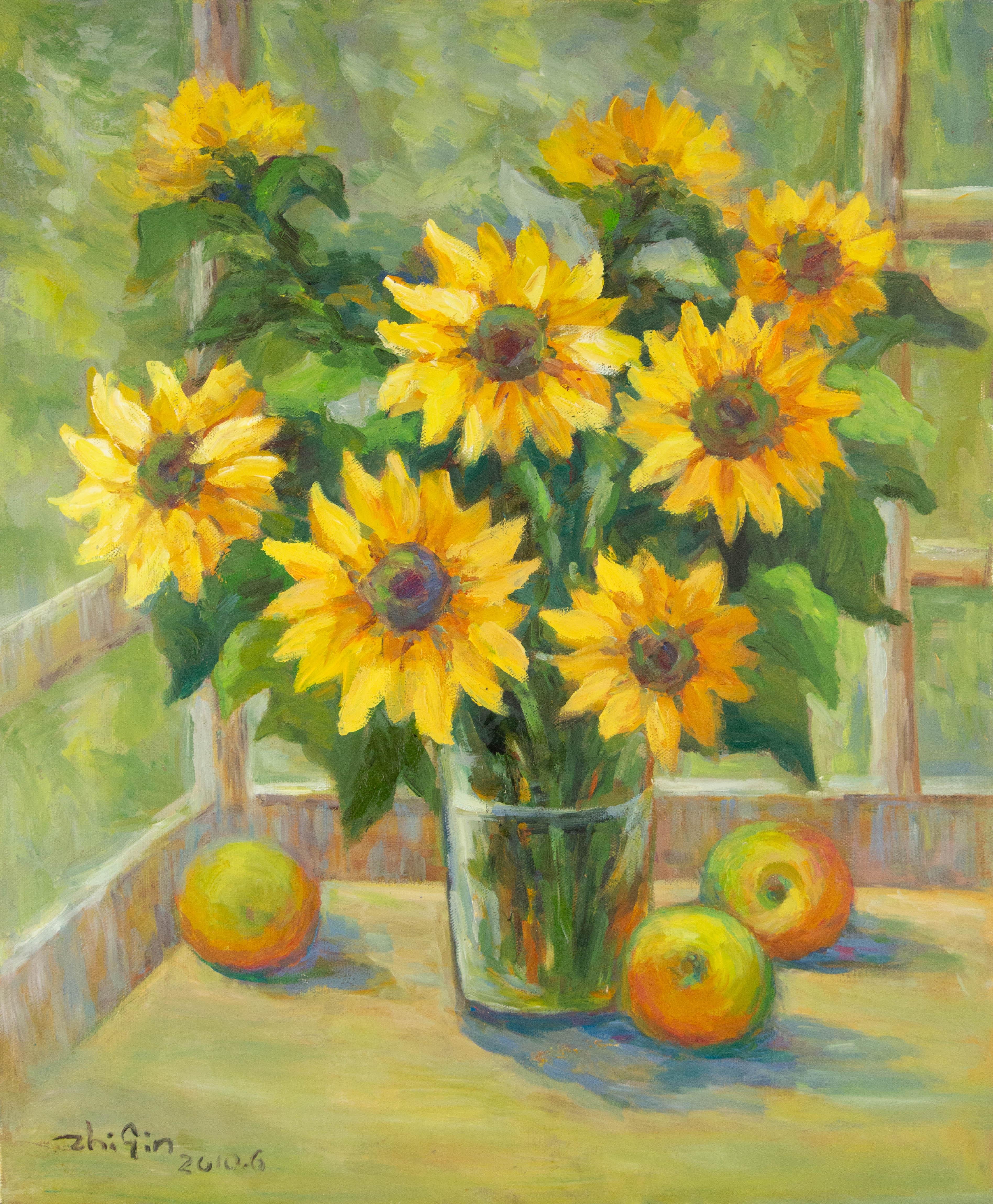 ZhiQin Yu Still-Life Painting – Zhiqin Yu Stillleben Original Ölgemälde auf Leinwand „Sonnenblume in der Nähe des Fensters“