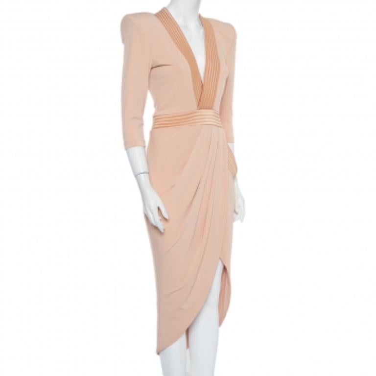Zhivago Beige Knit Draped Faux Wrap Eye Of Horus Midi Dress M In Excellent Condition For Sale In Dubai, Al Qouz 2