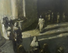 Jesus Christ in Front of his Accusers – figuratives Gemälde in Grau, Weiß, Schwarz und Schwarz