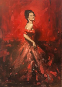 Lady in Red - Pintura Figurativa sobre Panel Colores Rojo Negro Amarillo Pálido Rosa