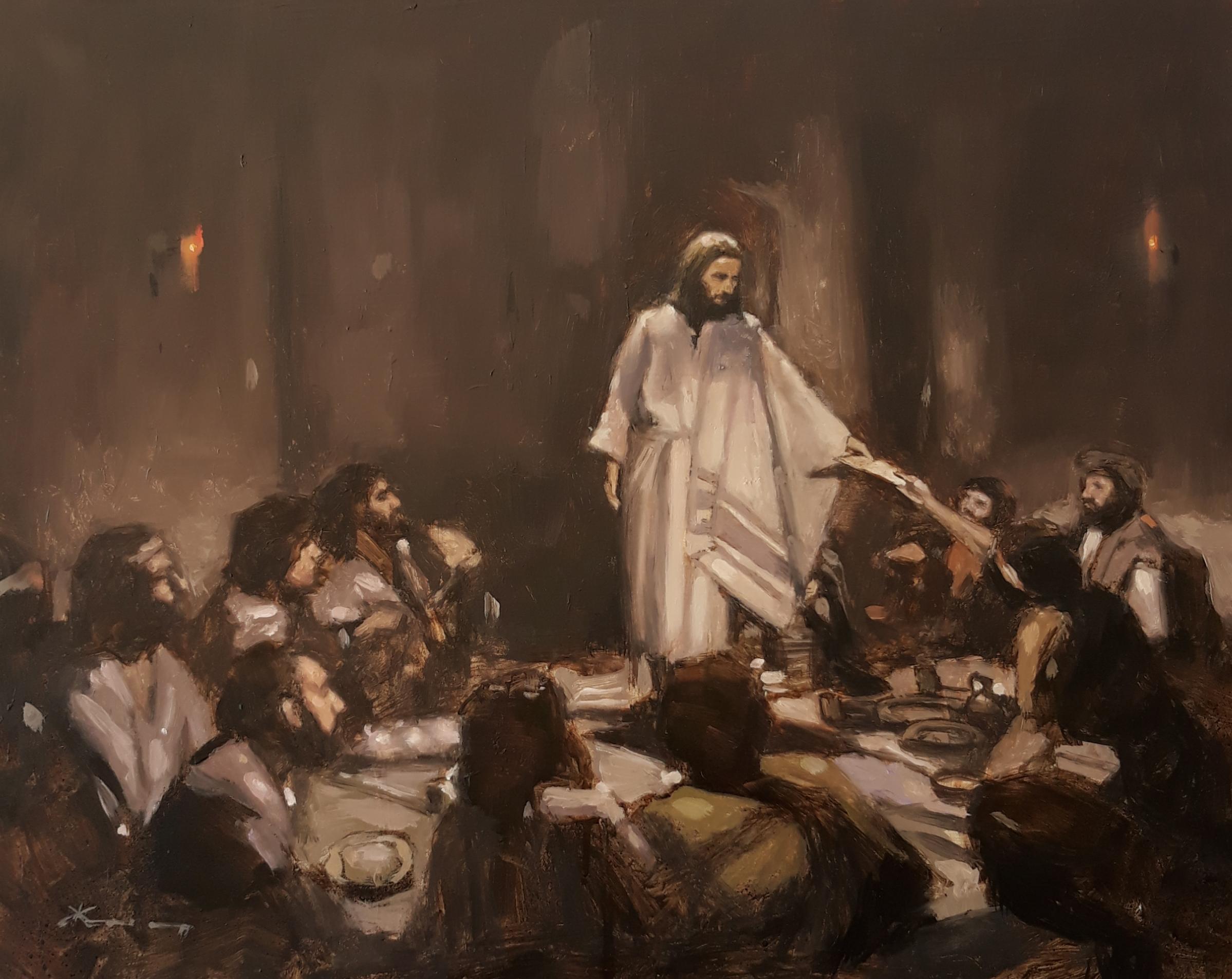 last Supper - Figurative Oil Painting Colors Grey White Black Brown