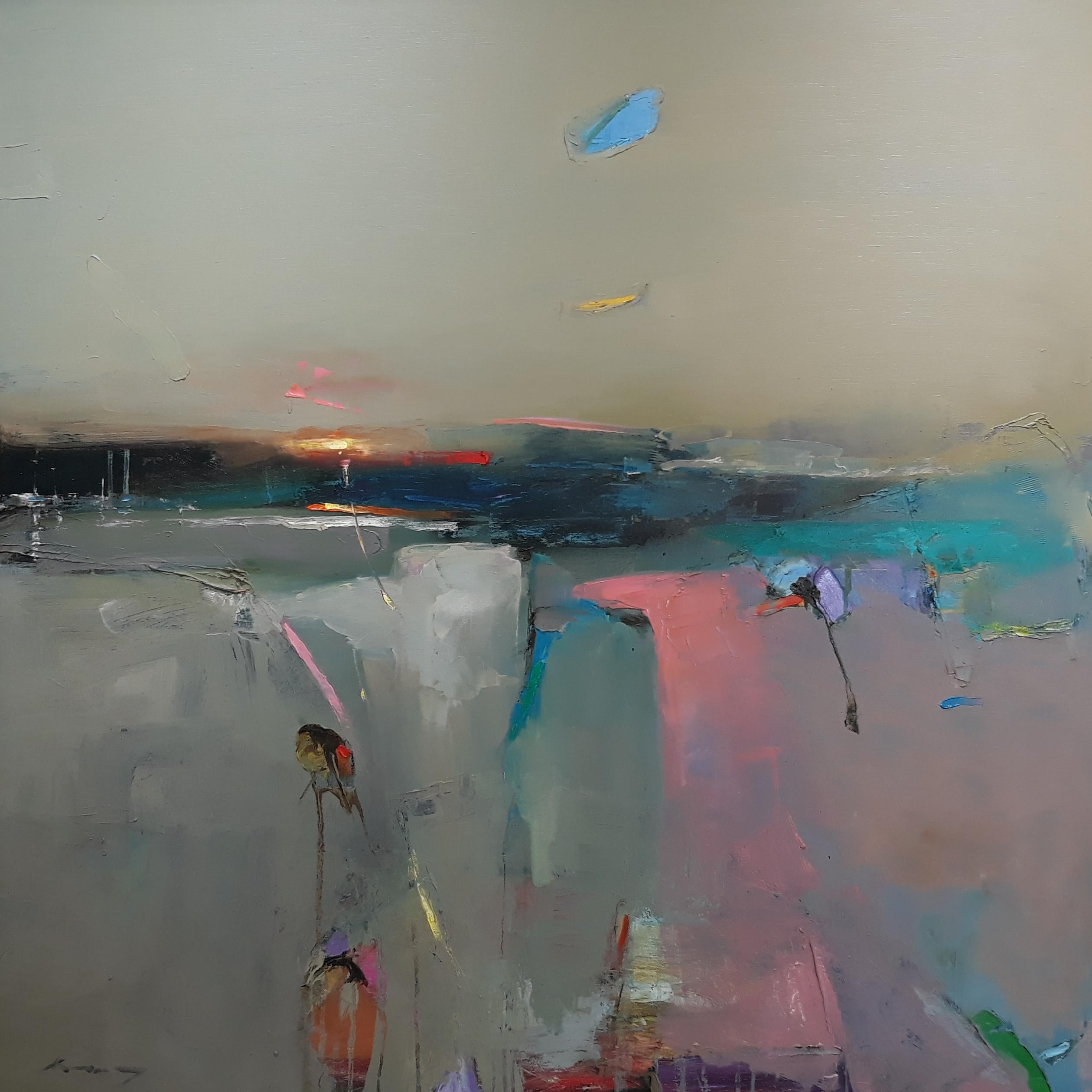 Zhivko Zheliazkov Abstract Painting – Night Cup - Abstraktes Ölgemälde in den Farben Grau, Gelb, Schwarz, Rosa, Grün, Blau und Braun
