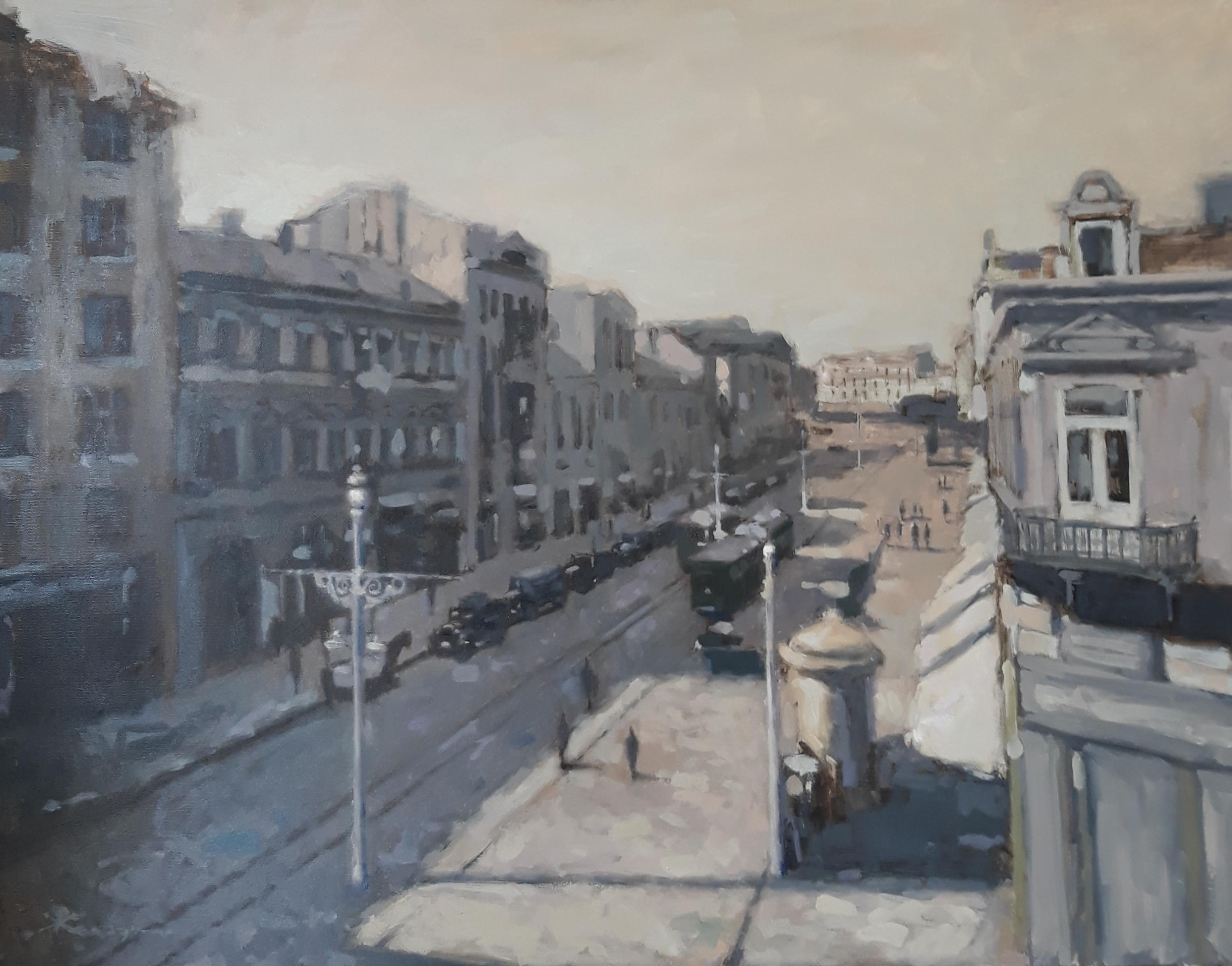Zhivko Zheliazkov Landscape Painting - Old town Sofia - Oil Painting Grey Black White 