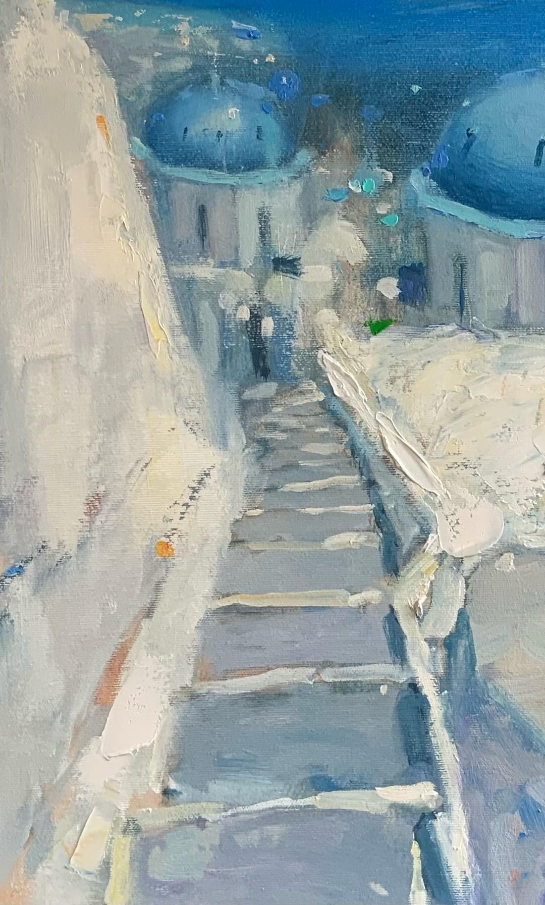 Santorini Grecia - Pintura al Óleo Paisaje Gris Blanco Gris Rosa Azul - Painting de Zhivko Zheliazkov