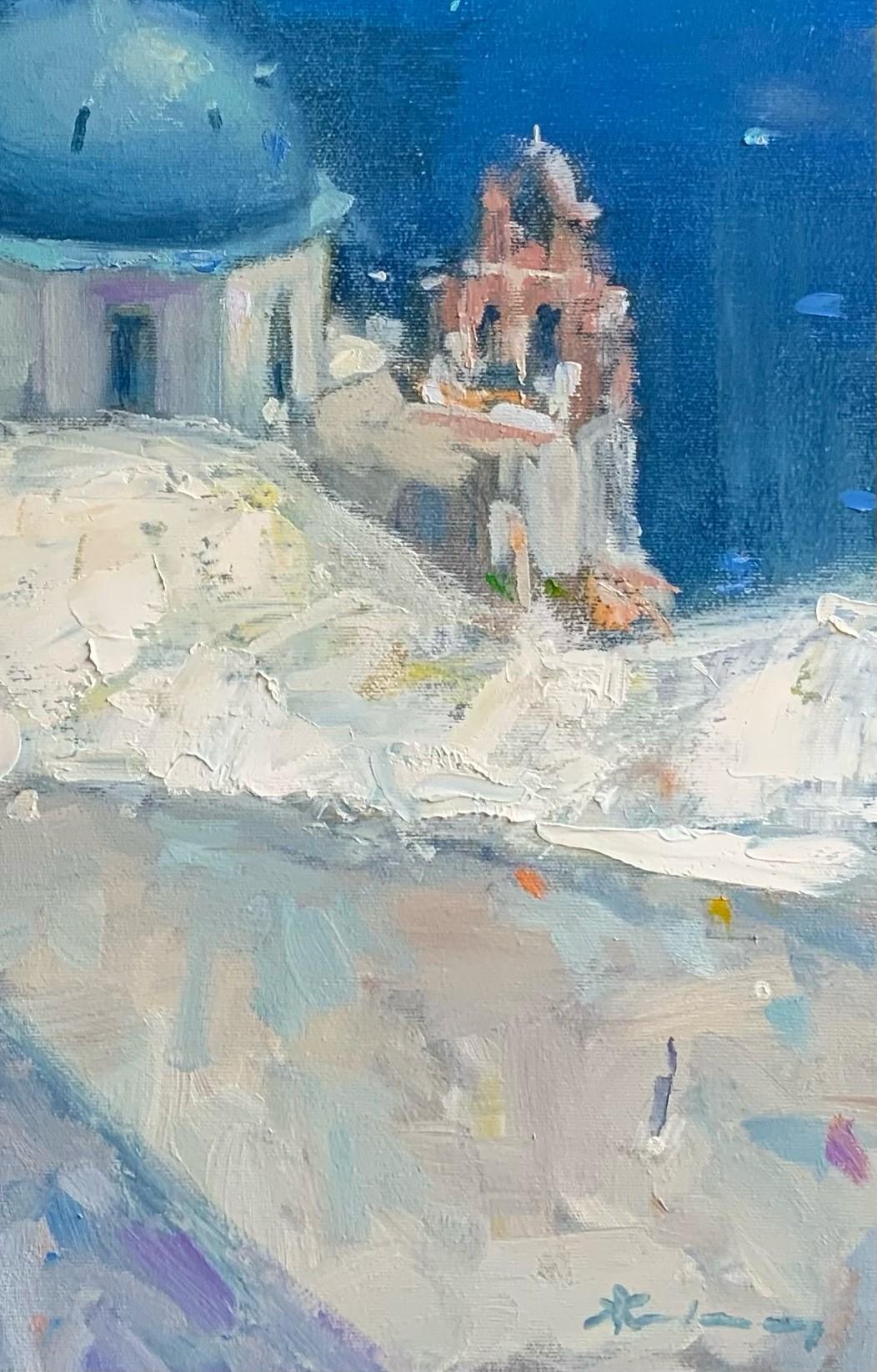 Santorini Grecia - Pintura al Óleo Paisaje Gris Blanco Gris Rosa Azul - Painting Romántico de Zhivko Zheliazkov