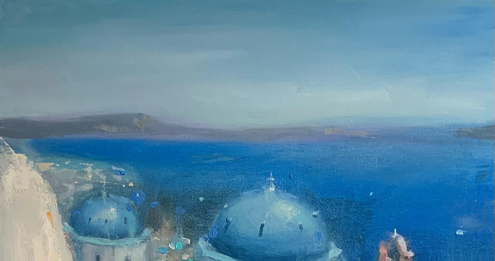 Santorini Grecia - Pintura al Óleo Paisaje Gris Blanco Gris Rosa Azul en venta 1