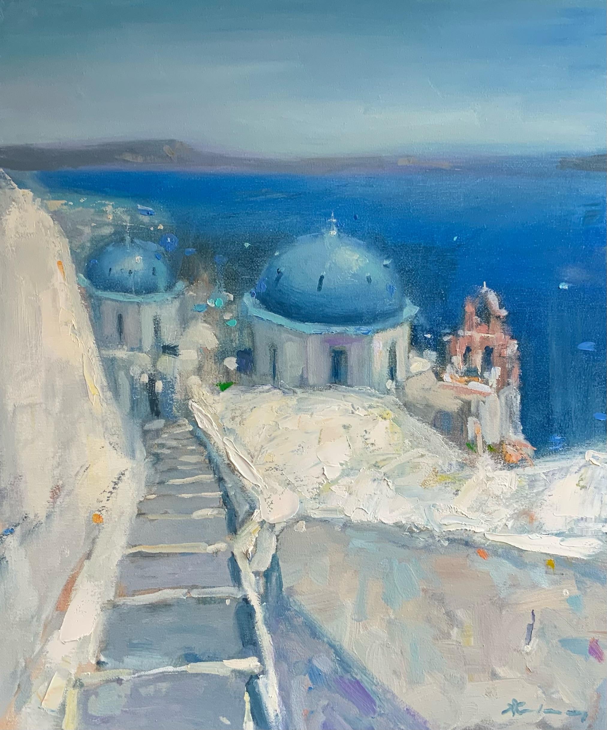 Landscape Painting de Zhivko Zheliazkov - Santorini Grecia - Pintura al Óleo Paisaje Gris Blanco Gris Rosa Azul