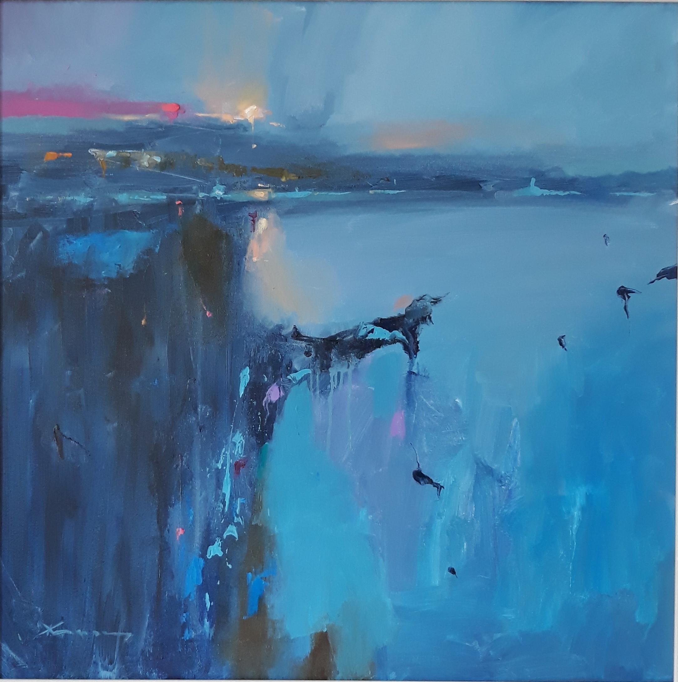 Abstract Painting Zhivko Zheliazkov - Paysage de mer - Peinture à l'huile abstraite Couleurs Gris Lilas Noir Rose Bleu