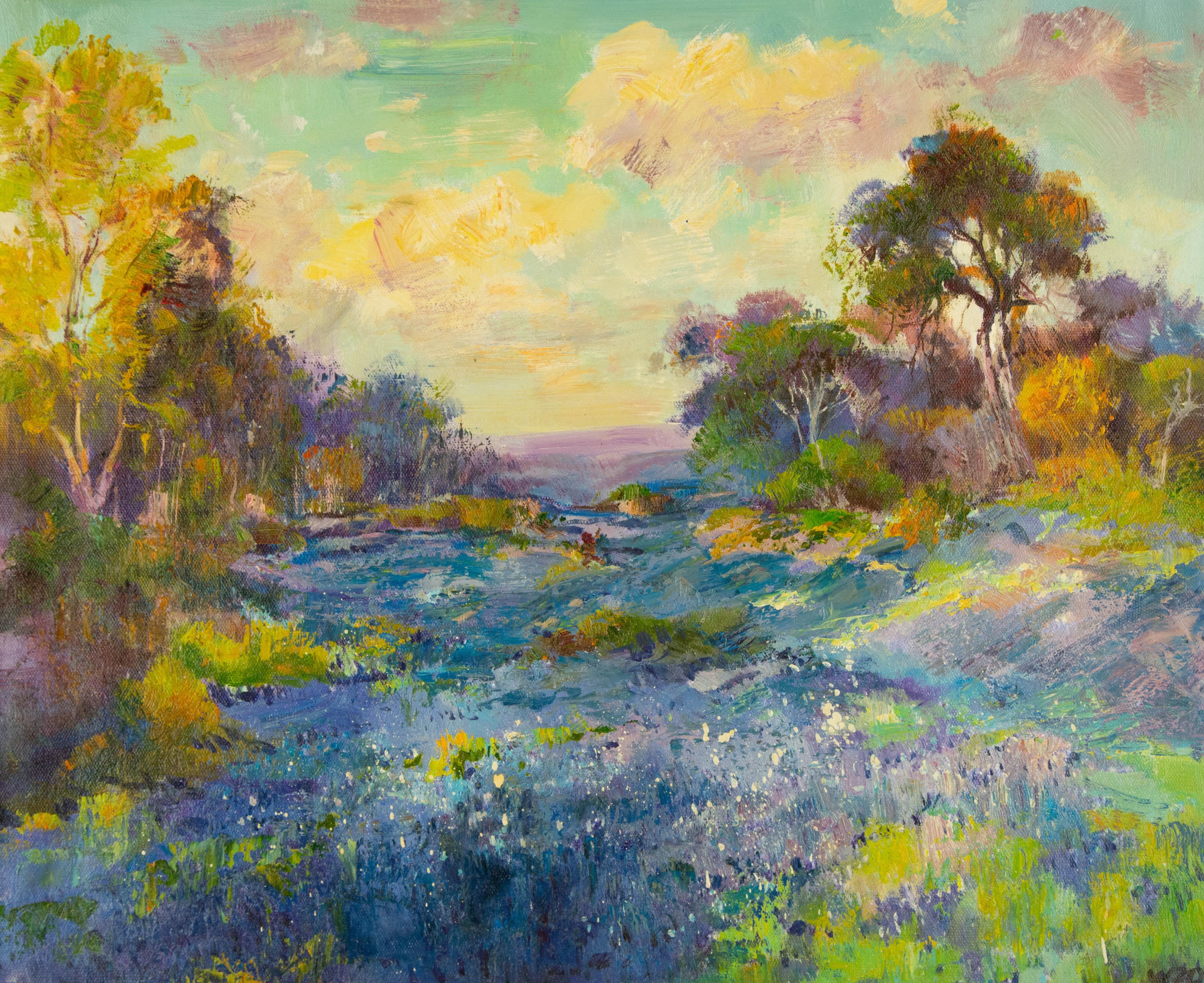  Title: Colorful Fields
 Medium: Oil on canvas
 Size: 19 x 23 inches
 Frame: Framing options available!
 Condition: The painting appears to be in excellent condition.
 Note: This painting is unstretched
 Year: 2000 Circa
 Artist: Zhongren Wang

