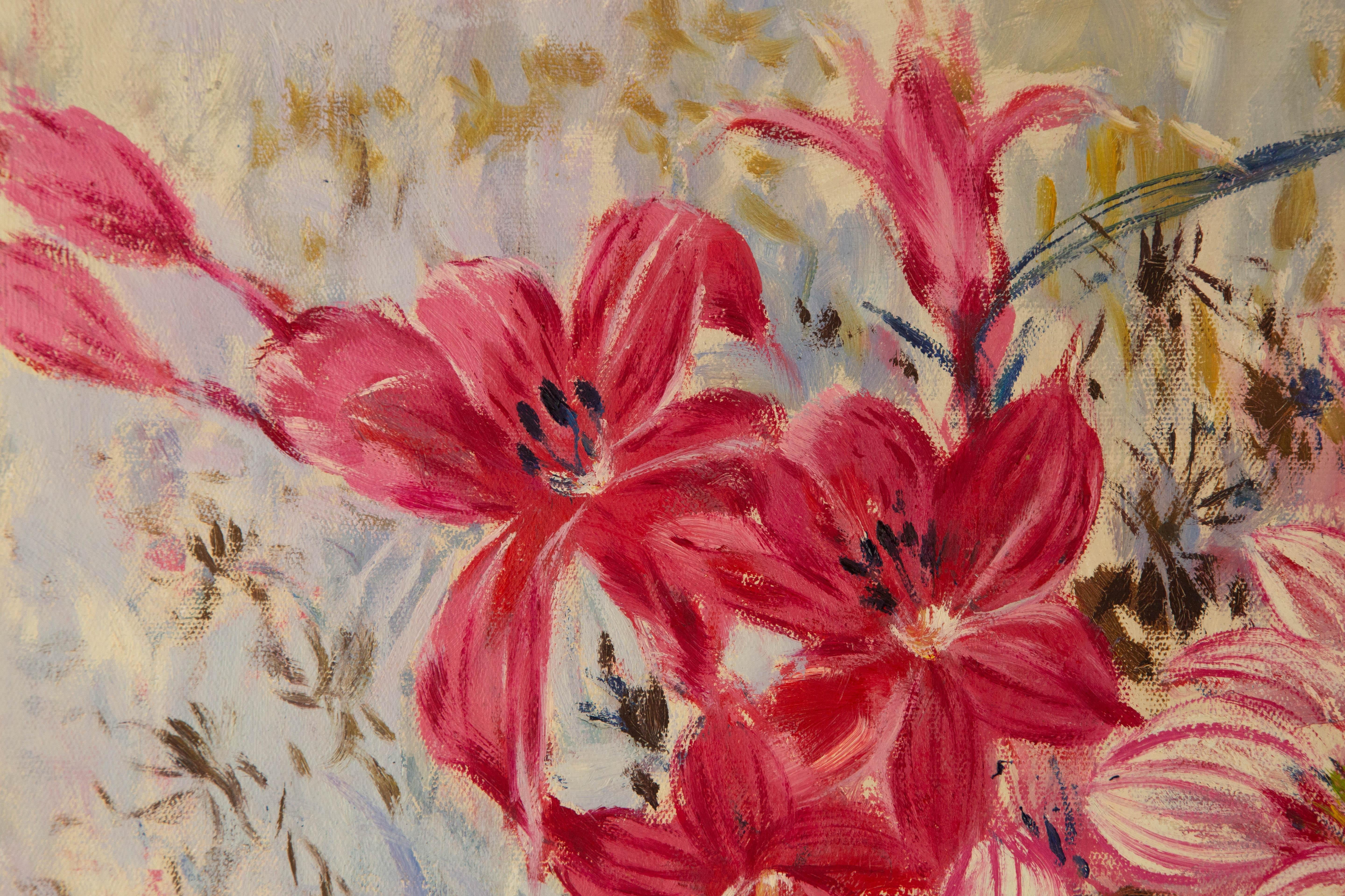 Zhongren Wang Stillleben Original Ölgemälde auf Leinwand „Rot und Rosa“ im Angebot 1