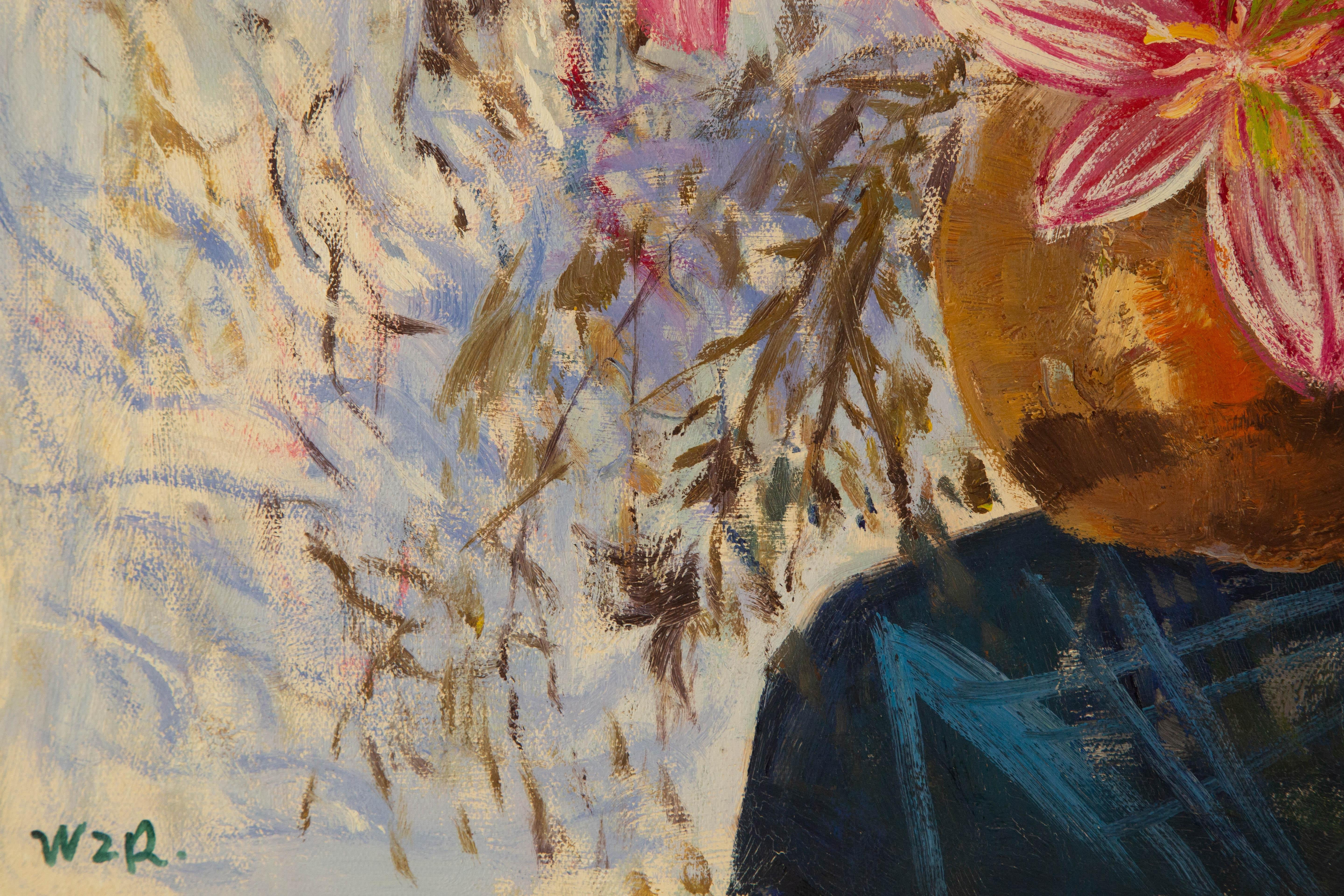 Zhongren Wang Stillleben Original Ölgemälde auf Leinwand „Rot und Rosa“ im Angebot 2