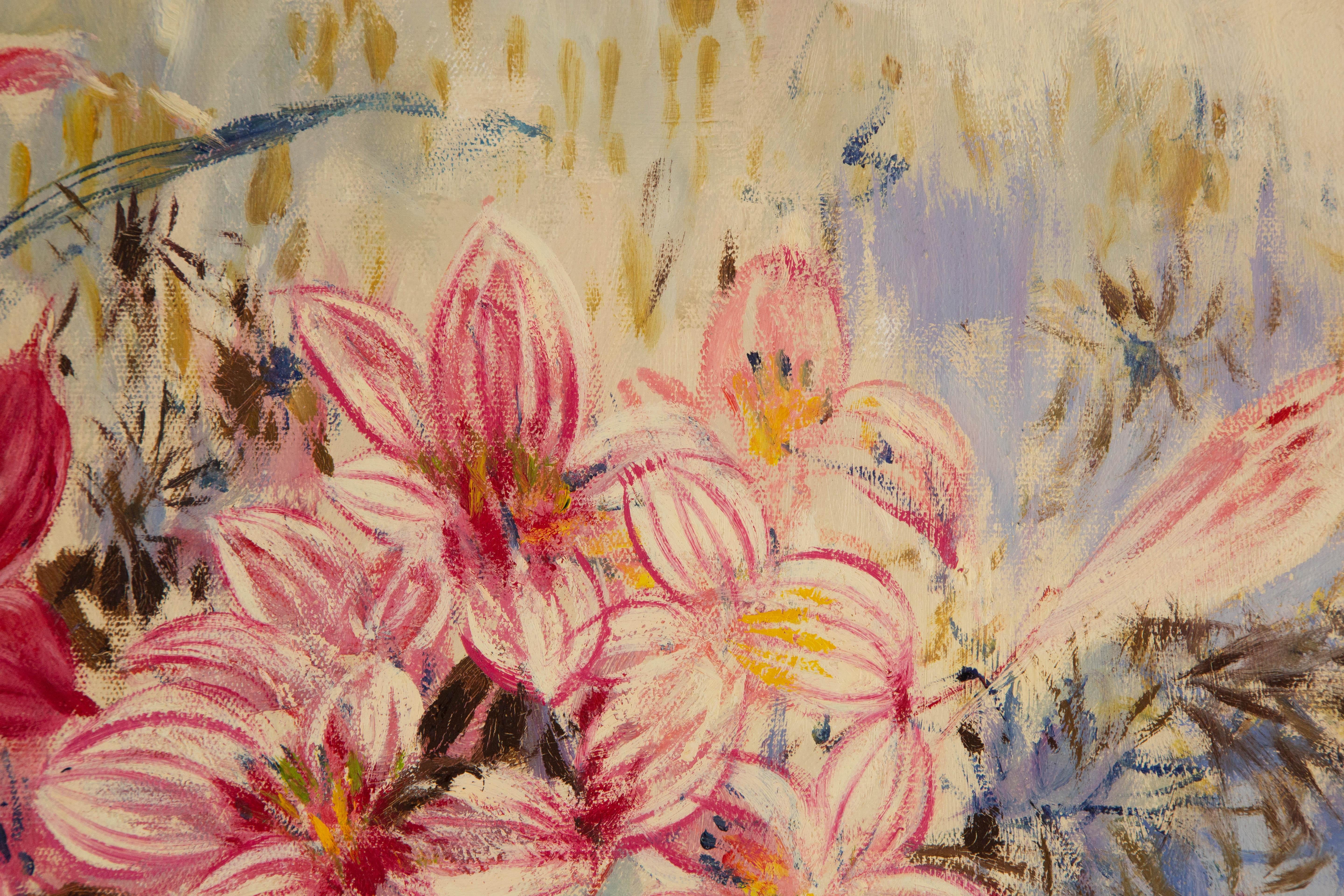 Zhongren Wang Stillleben Original Ölgemälde auf Leinwand „Rot und Rosa“ im Angebot 3