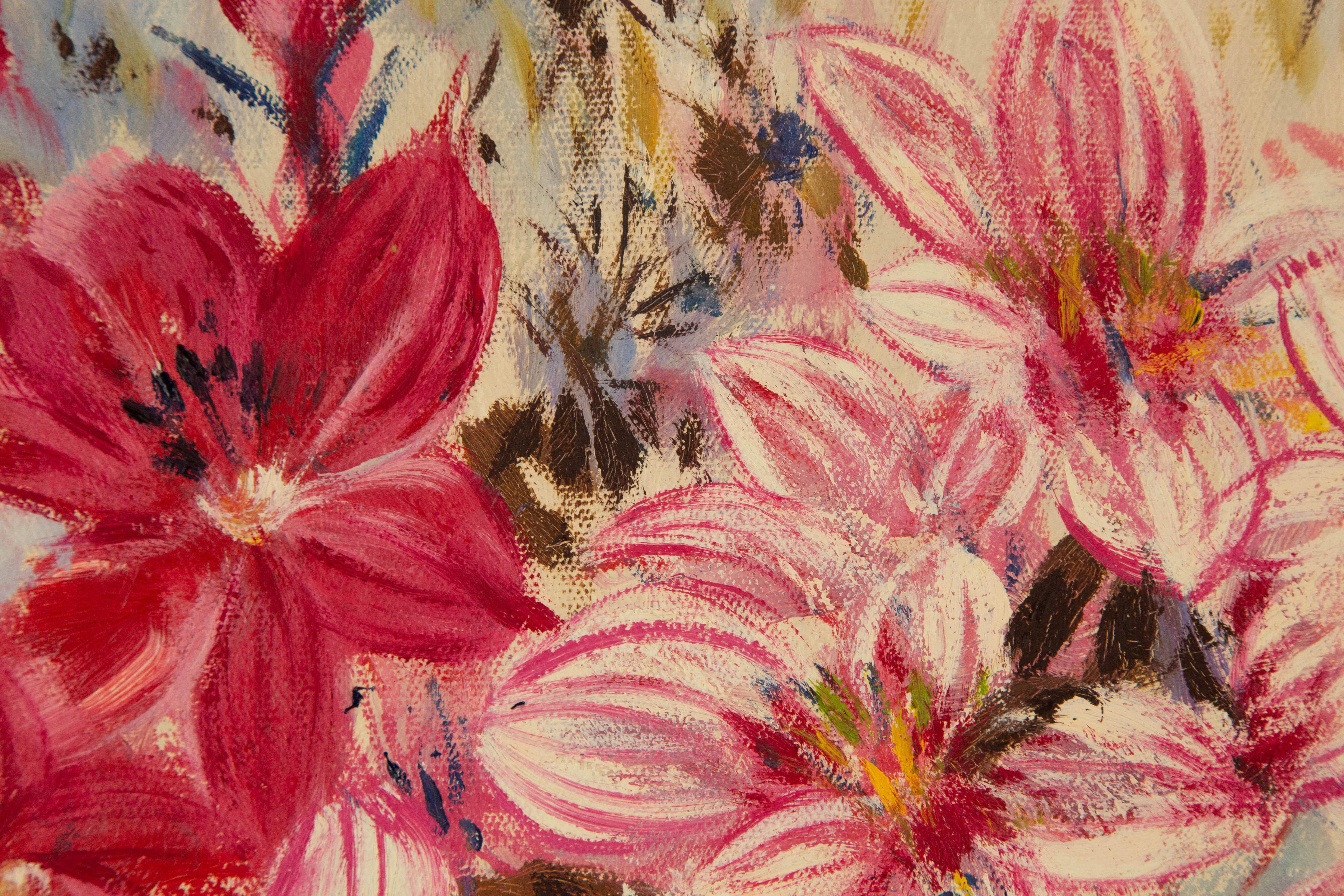 Zhongren Wang Stillleben Original Ölgemälde auf Leinwand „Rot und Rosa“ im Angebot 5