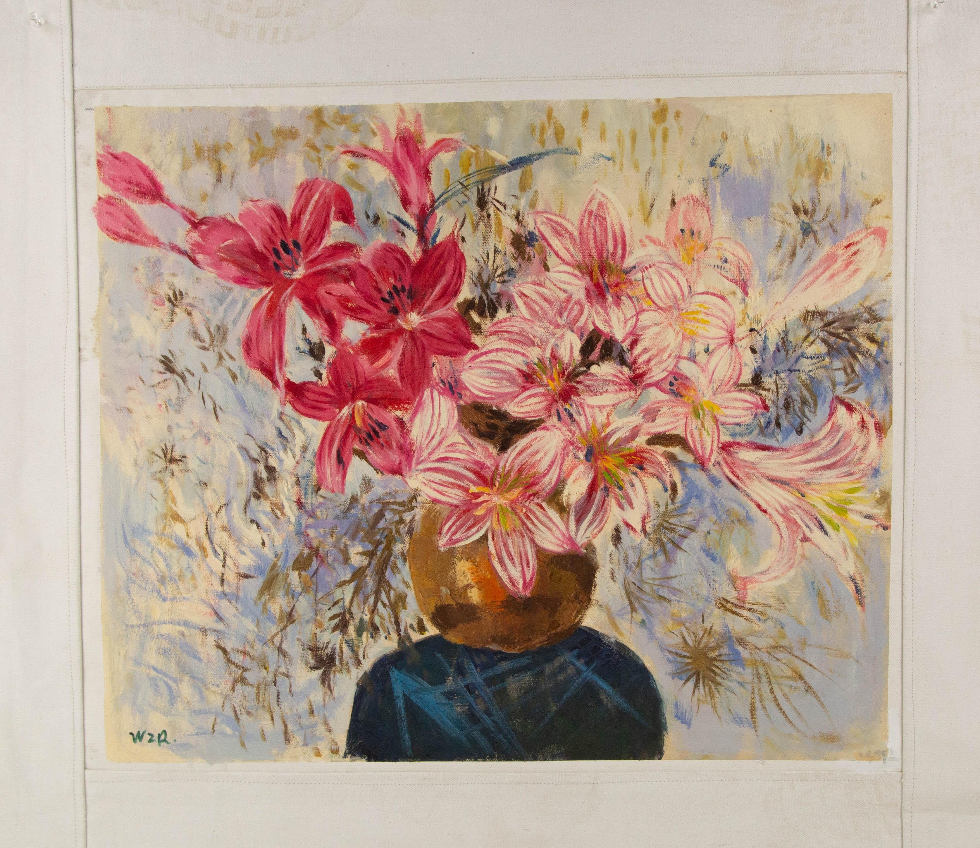 Zhongren Wang Stillleben Original Ölgemälde auf Leinwand „Rot und Rosa“ im Angebot 8