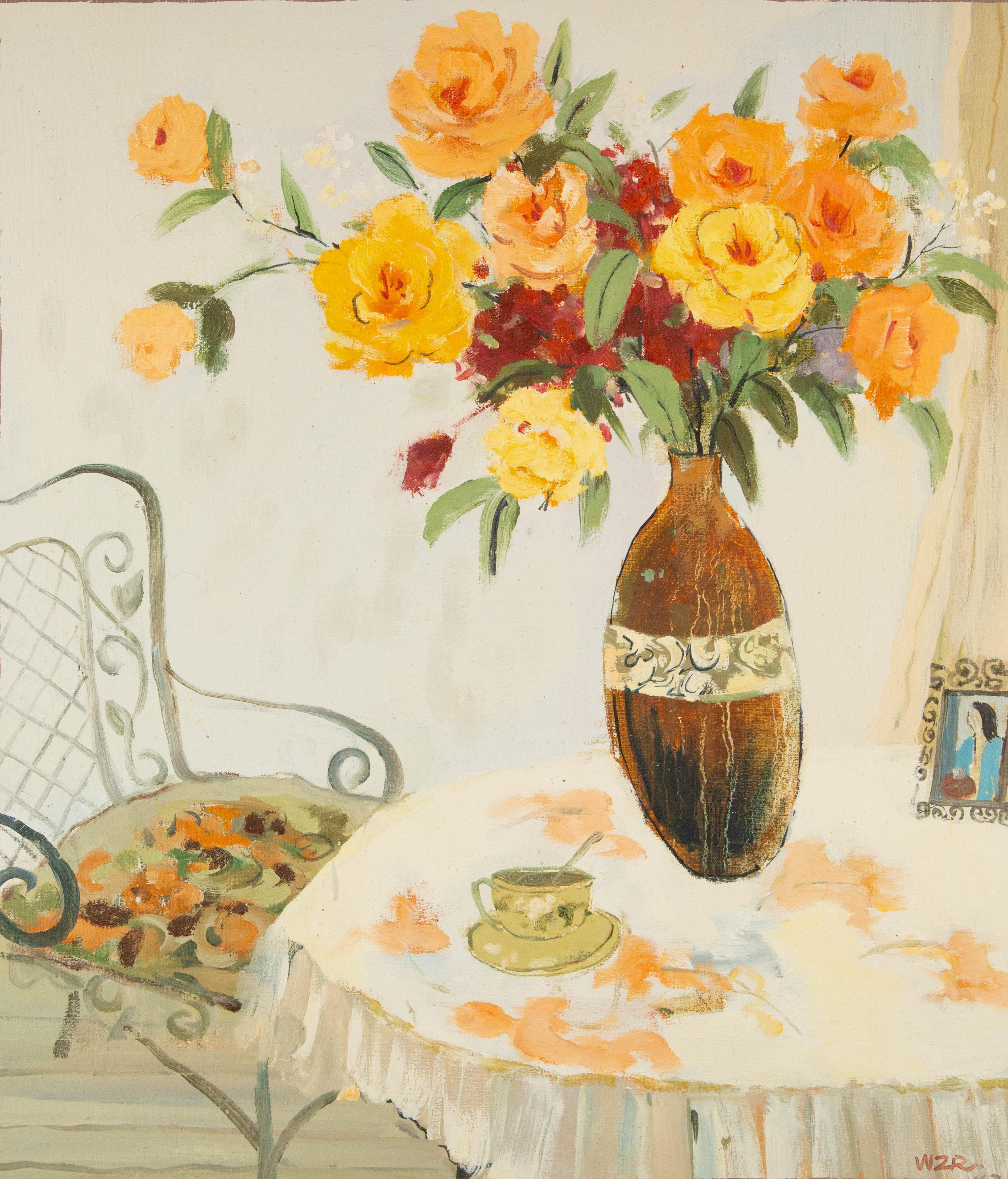 Zhongren Wang Stillleben Original Ölgemälde auf Leinwand „Tea-Tisch“