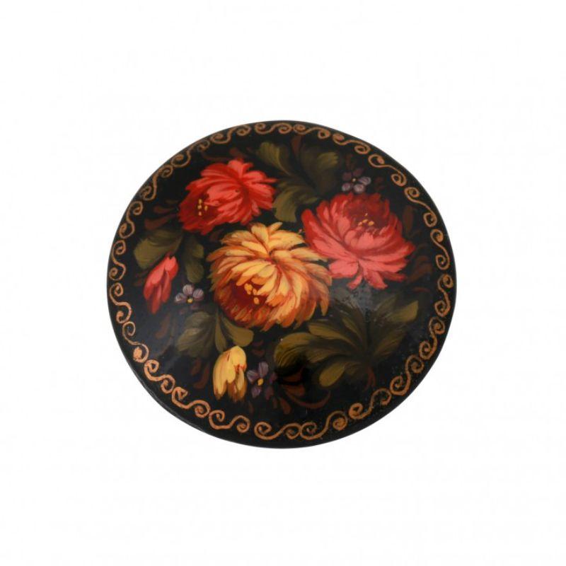 Zhostovo, Russie, 20e siècle, Brosche, peinture miniature de qualité sur peinture noire en vente