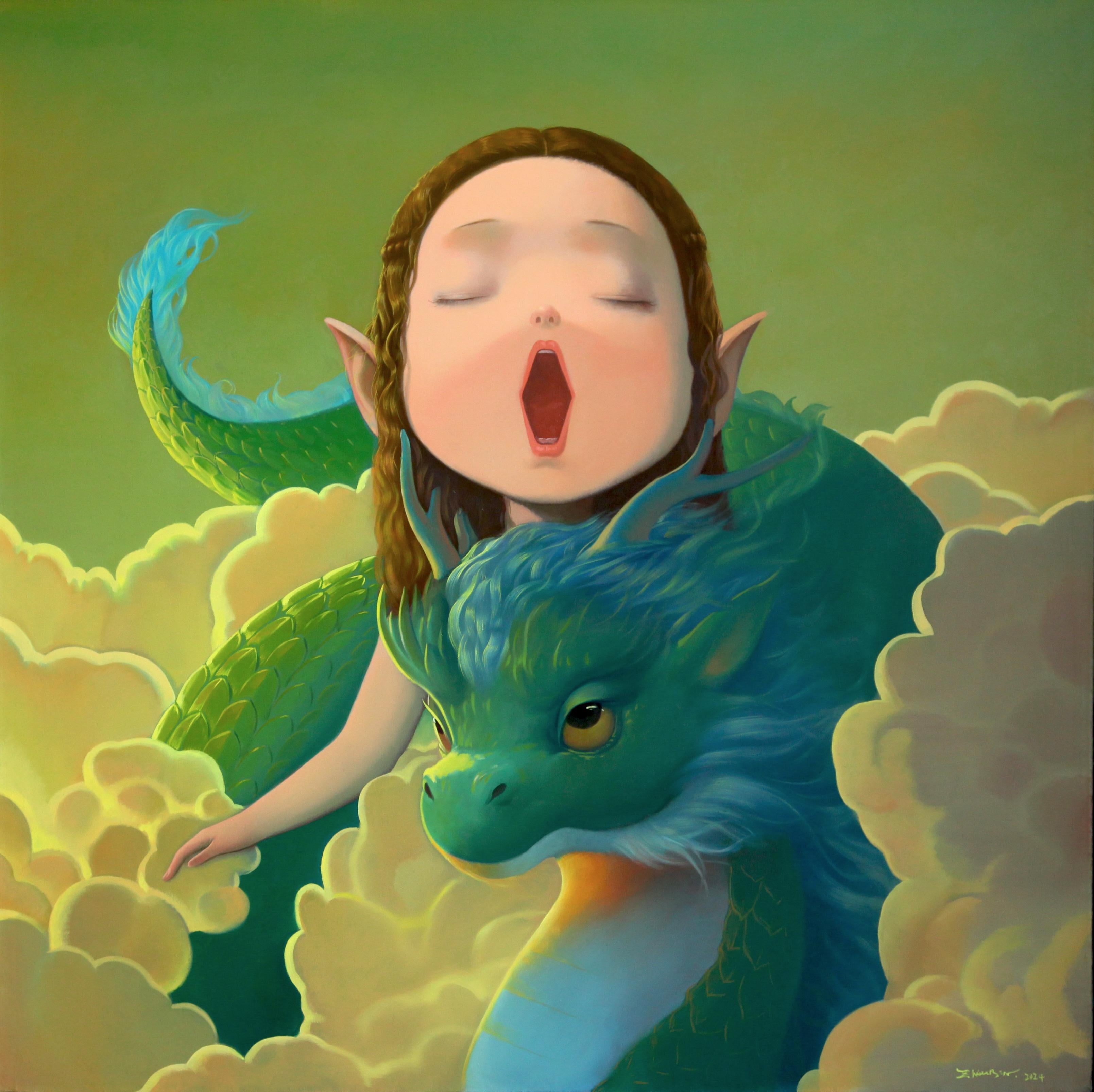 Baby Dragon (verde) - Painting di Zhou Bin