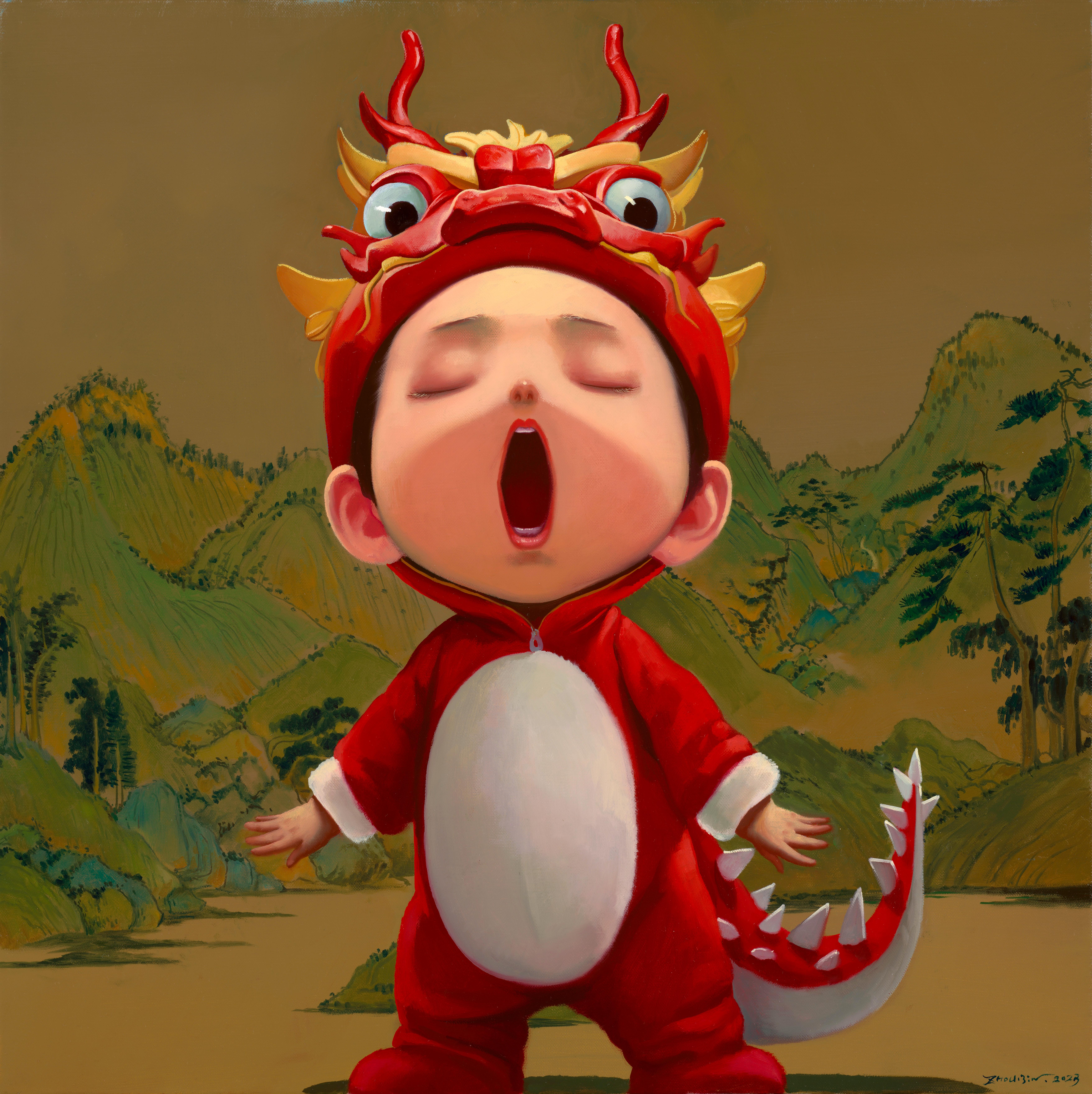 Zhou Bin Figurative Painting – Baby-D Drache (Rot)