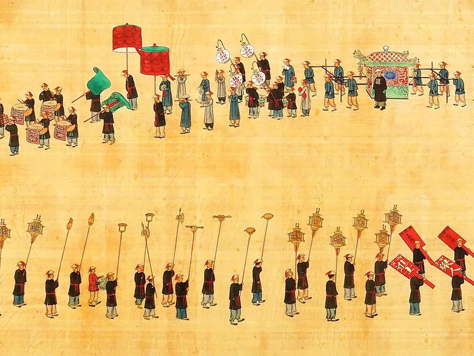 Antigua acuarela china sobre seda que representa una Procesión Real en Pekín a la manera de Zhou Peichun, finales de la dinastía Qing, activo hacia 1880 y 1910. Sin firmar. Enmarcado. A principios del siglo XX, el pintor chino Zhou Peichun empezó a