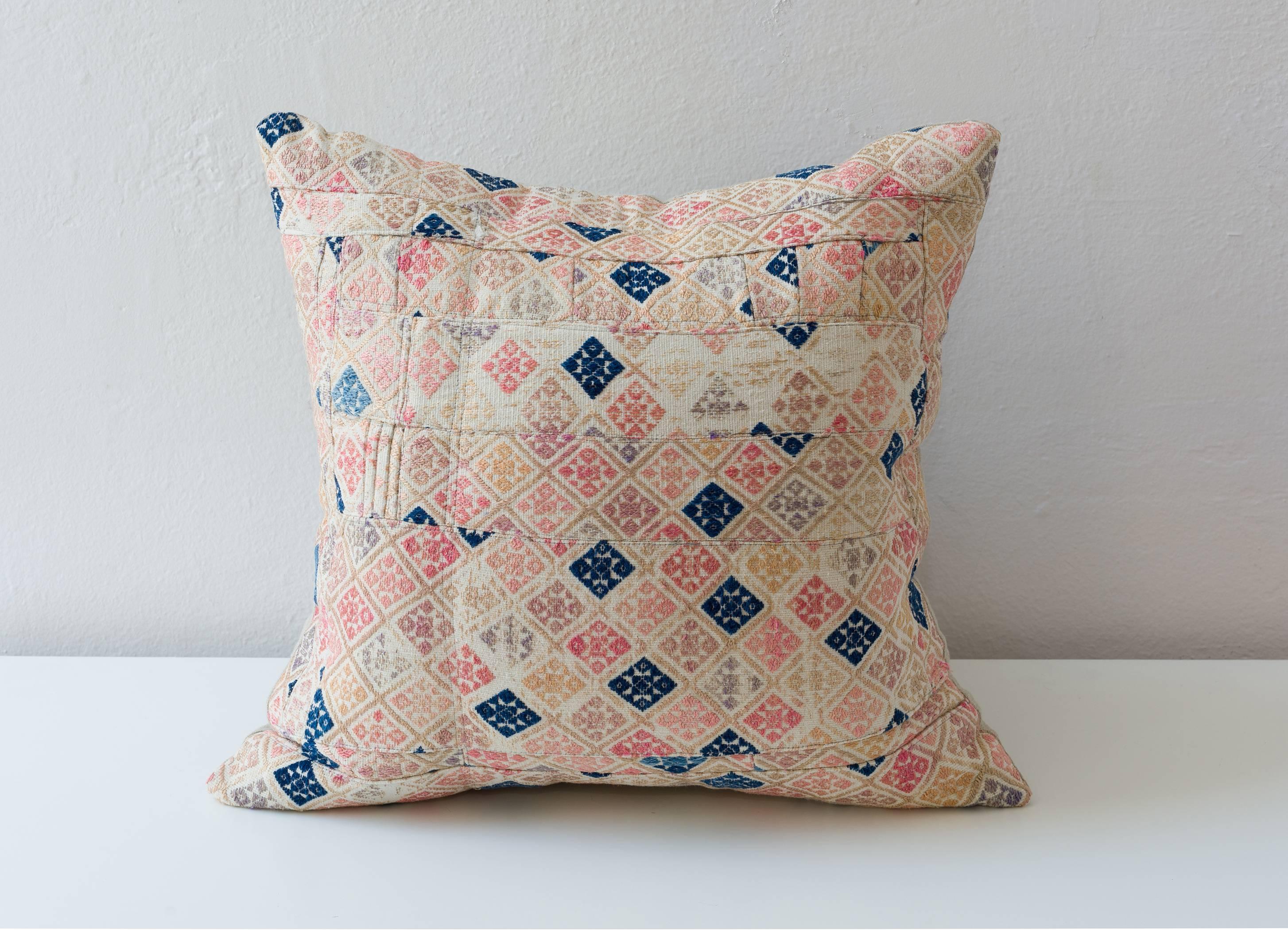 Chinese Zhuang Piecework Cushion in Pinks with Accents of Indigo For Sale