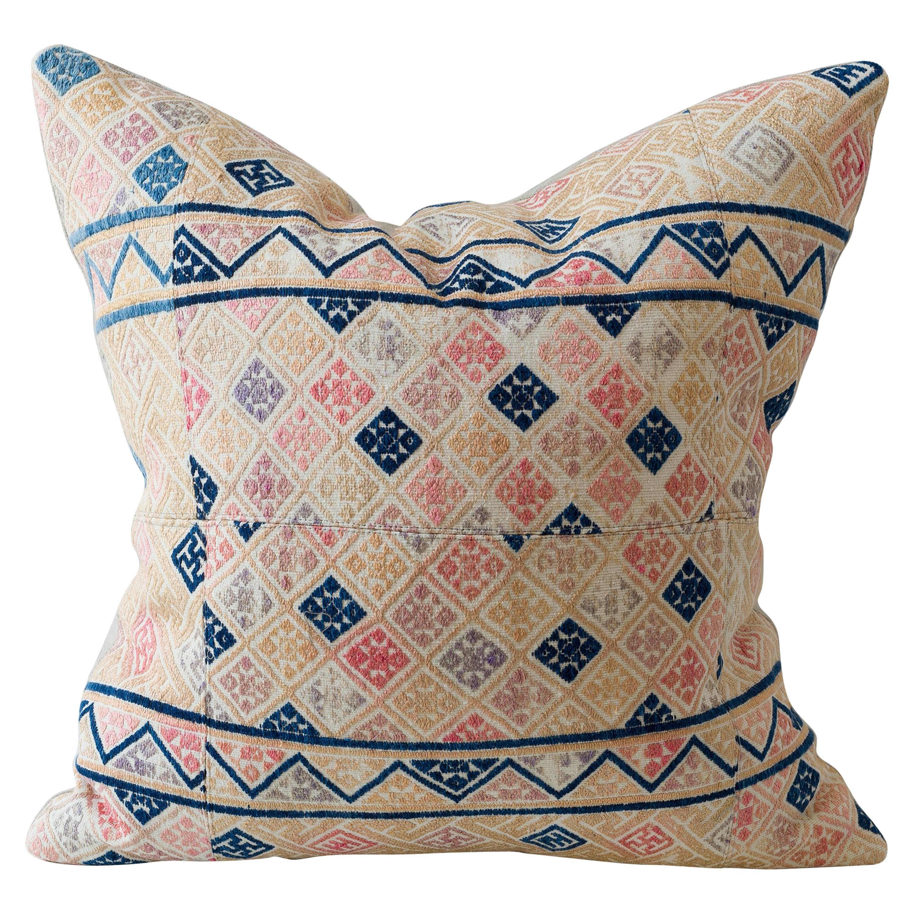 Zhuang Piecework Cushion in Pinks with Accents of Indigo For Sale
