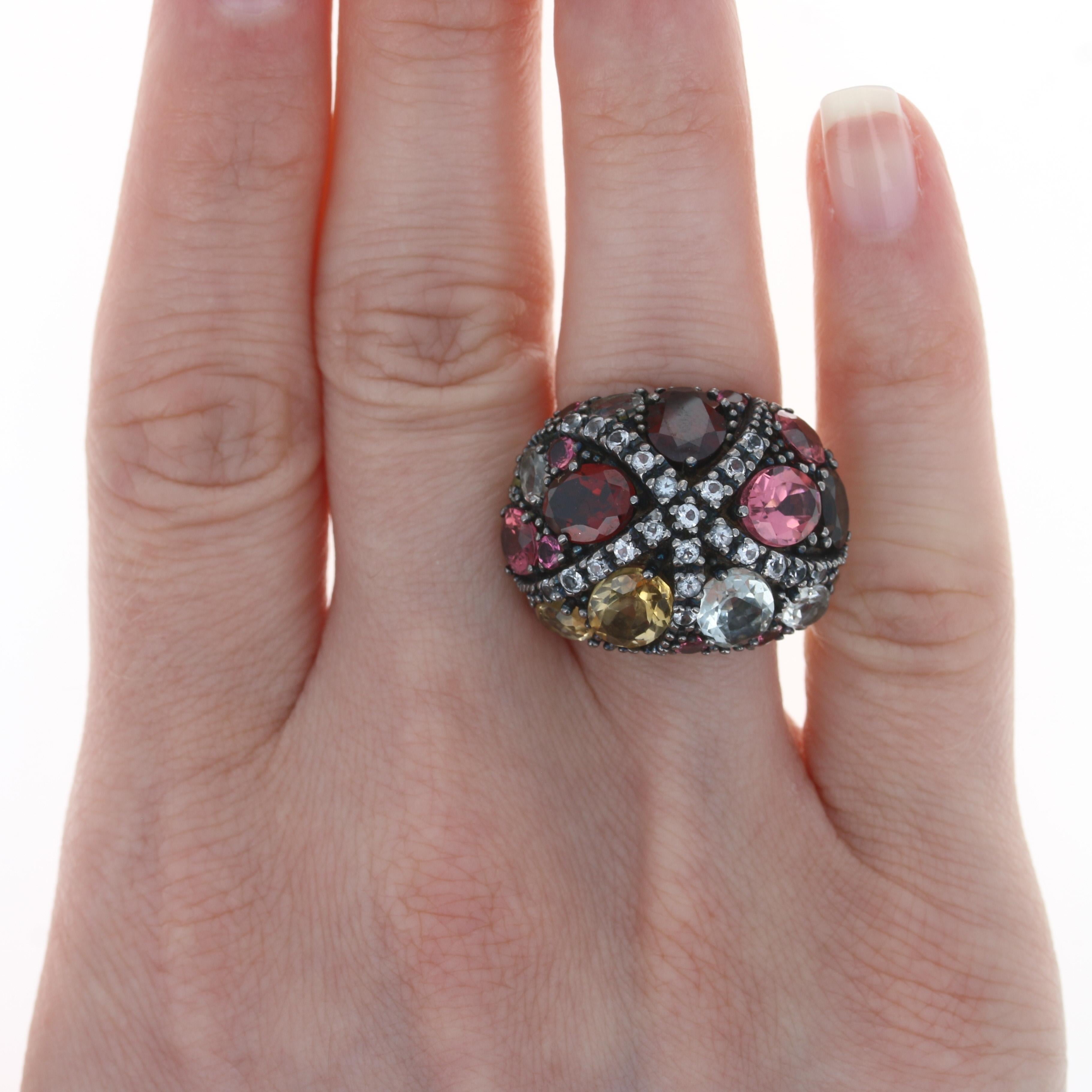 Retail Price: $1,847.50

Size: 6 1/2

Brand: Ziba by Le Vian

Metal Content: Sterling Silver

Stone Information
Genuine Tourmalines
Cuts: Oval & Round 
Color: Pink

Genuine Garnets
Cut: Oval
Color: Red

Genuine Prasiolite Quartz
Cuts: Oval & Round