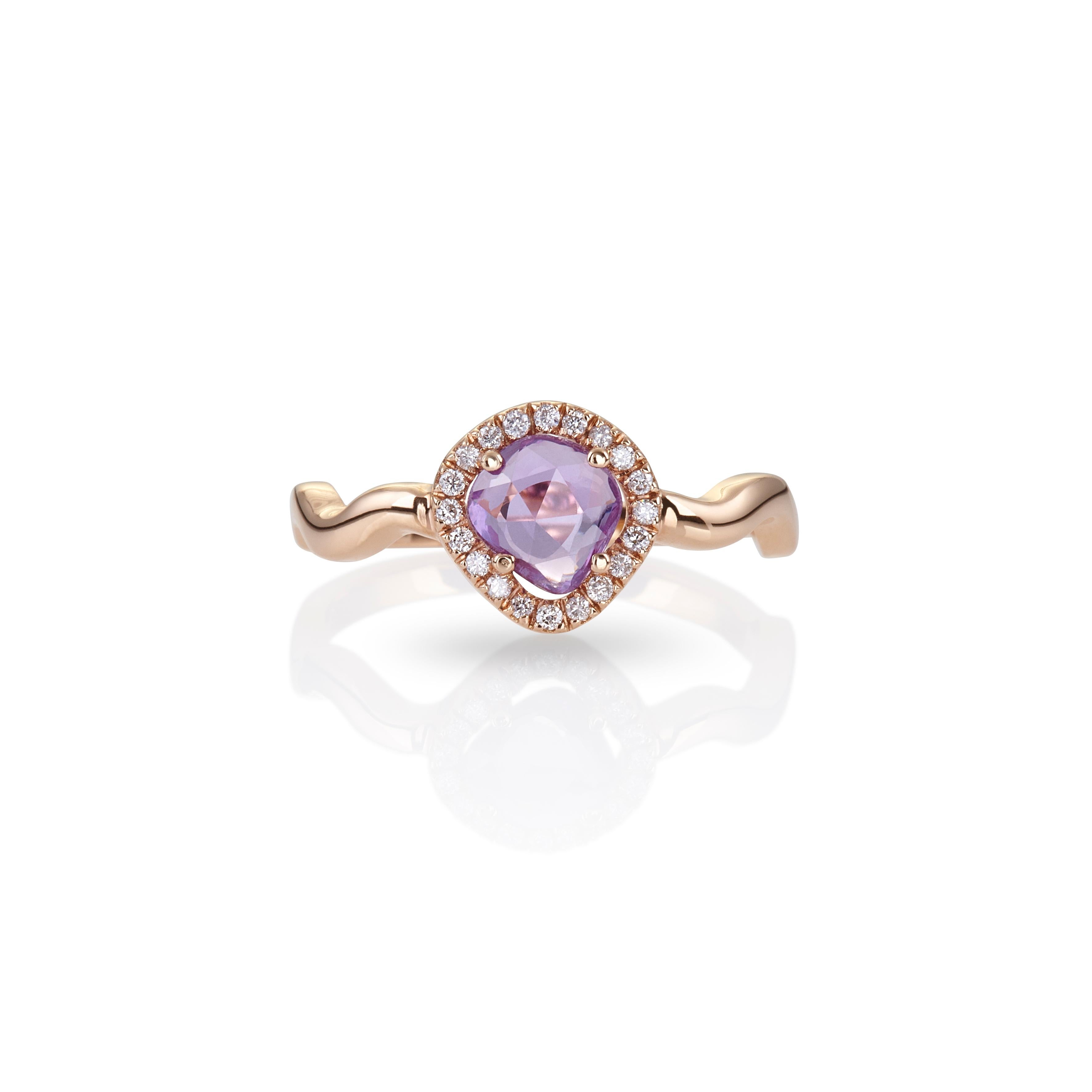 For Sale:  Zic Zac Ring in 18Kt Rose Gold with Pink, Violet Rose Cut Sapphire and Diamond 2
