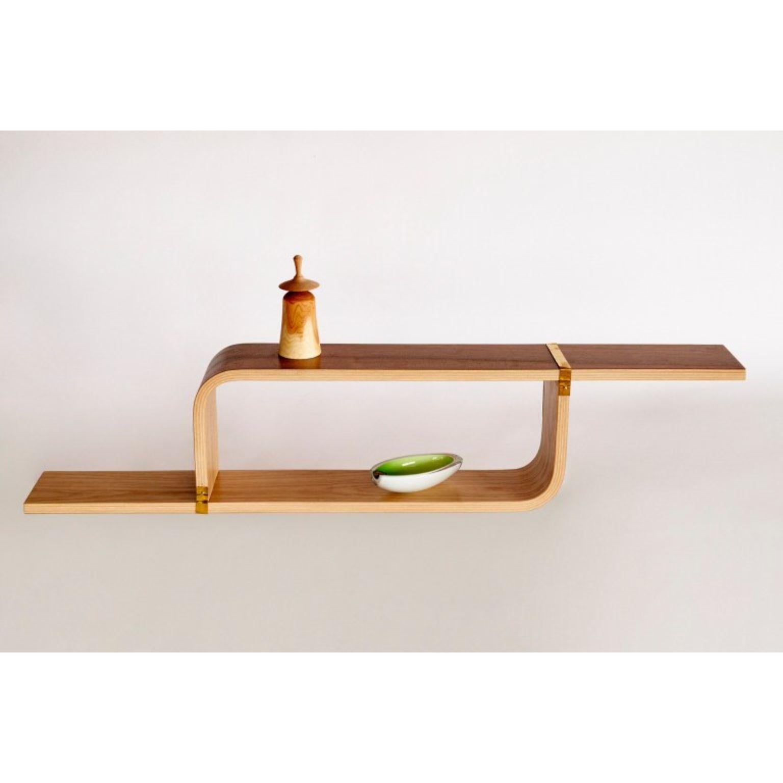 Zic-zac shelf by Jean-Baptiste Van den Heede
Signed, Limited edition
Dimensions: L 82 x W 13 x H 24 cm
Materials: Plywood of oak and walnut

Measurements:
Minimum: 82 cm long.
Maximum: 140 cm long.
2 cm thick wood

The Zic-Zac shelf is an