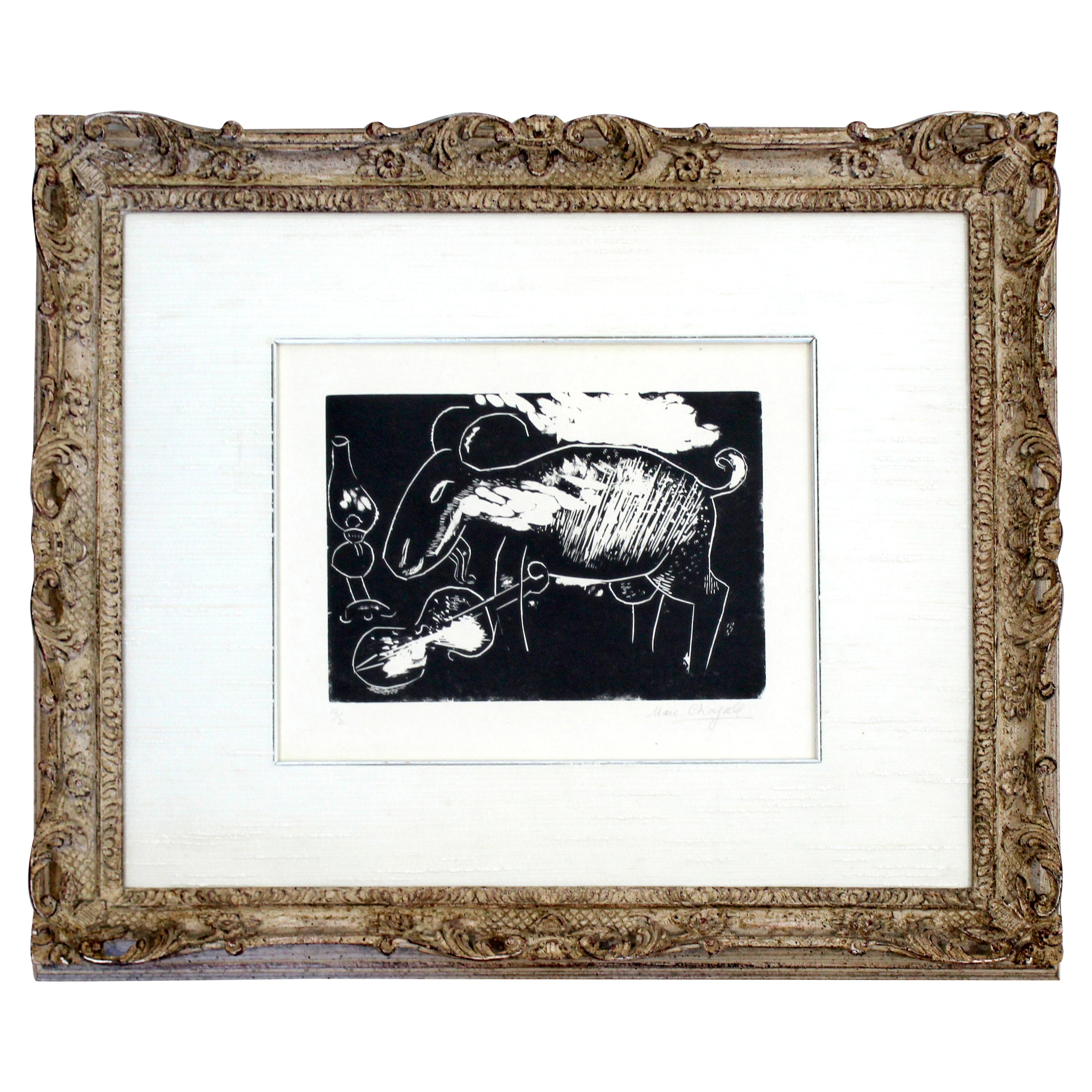 Ziege Mit Geige une gravure sur bois encadrée de Marc Chagall signée et numérotée 12/20