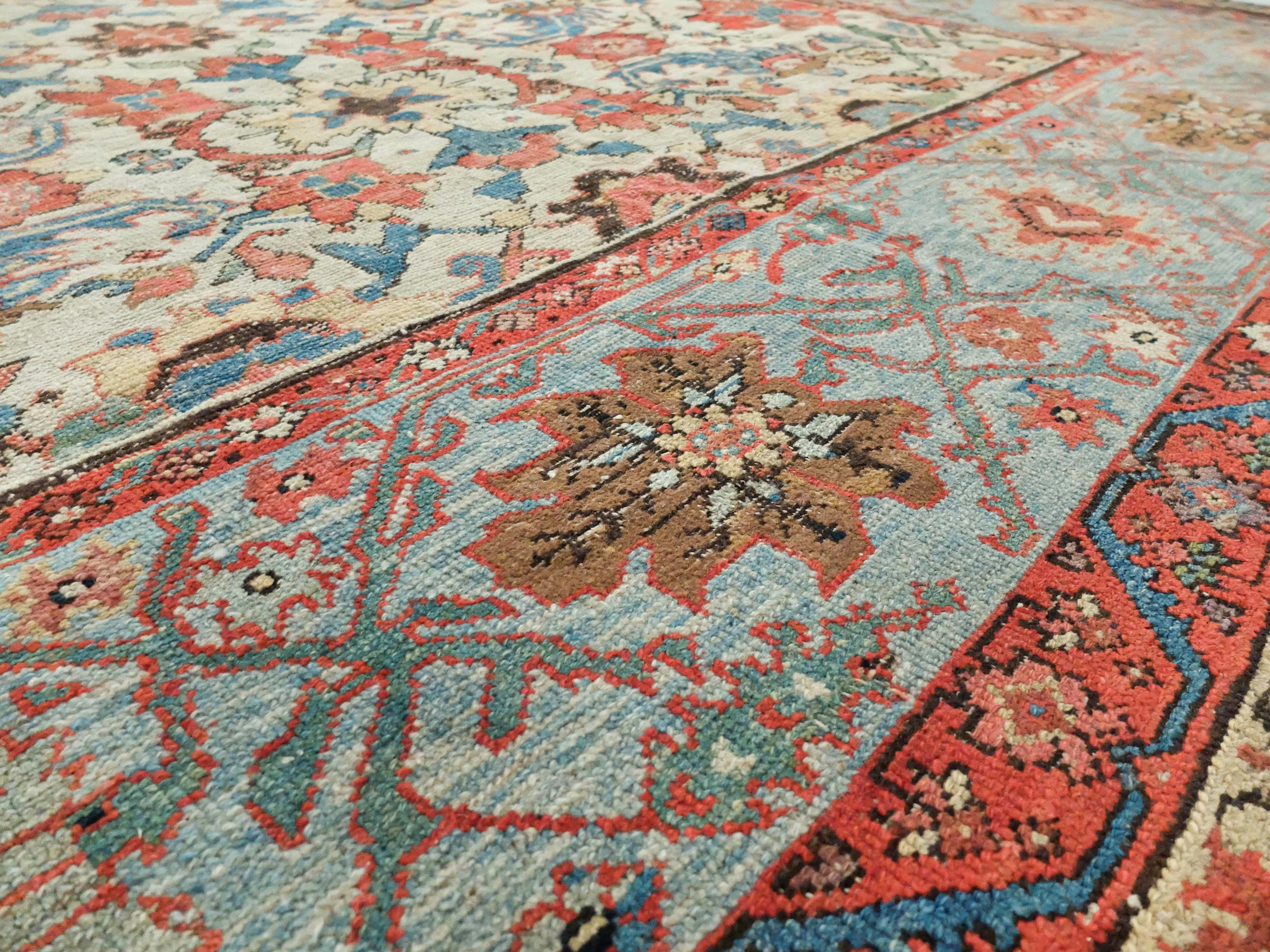 This is a Ziegler Mahal Antique rug made c. 1880s. This rug exhibits several different floral patterns both in the center field and on the surrounding borders. This rug is quite colorful however it is beautifully balance with its well used placement